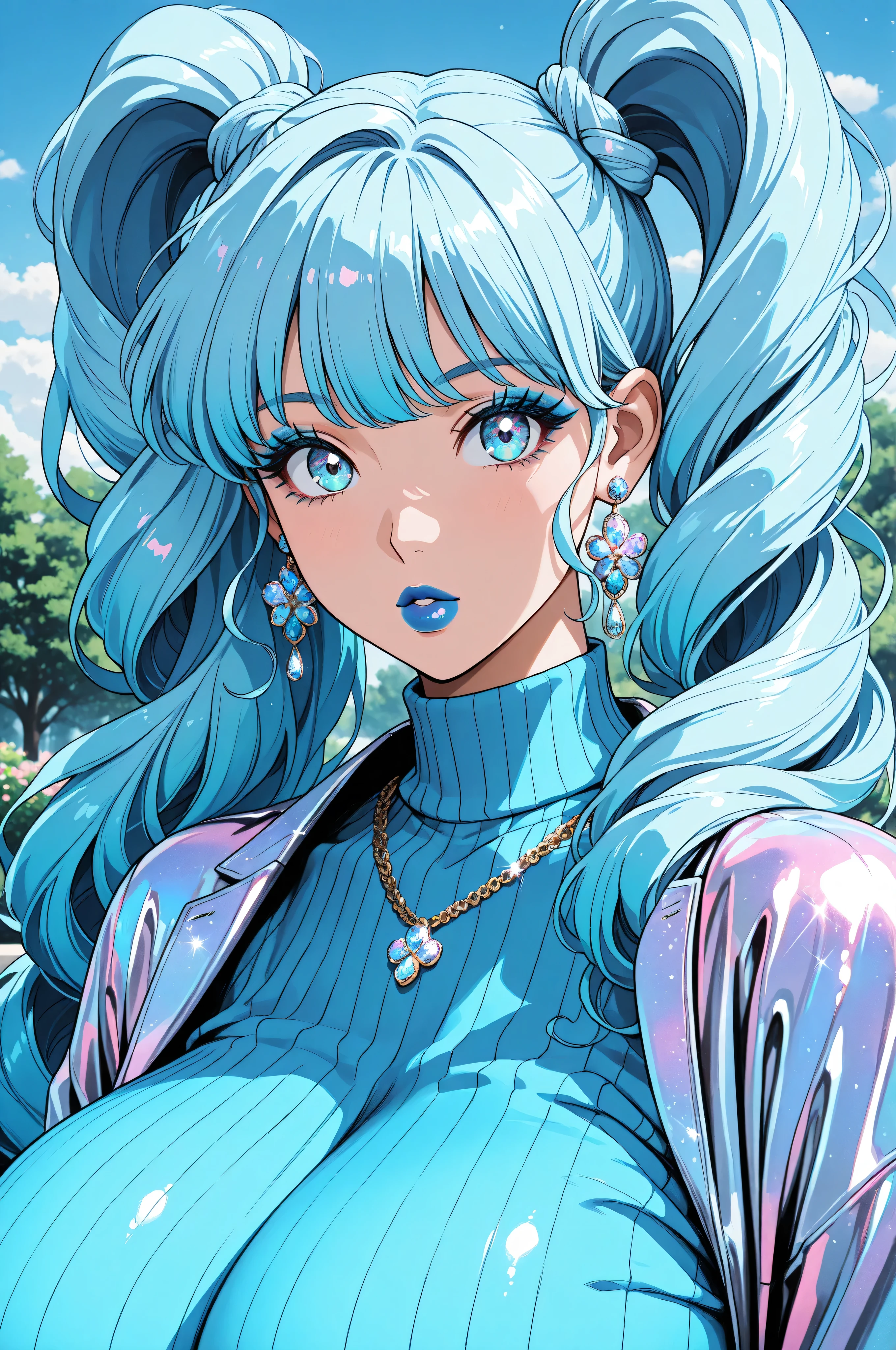 face closeup, glitter, voluptuous, woman, very long curly hair in long curly pigtails, icy blue hair, icy blue eyes, icy blue eyeshadow, blue eyelashes, blue clothing, blue lips, blue earrings and necklace, , turtleneck and jacket, looking at viewer, puffy lips, iridescent colors, flowers, trees, sky, detailed background ,