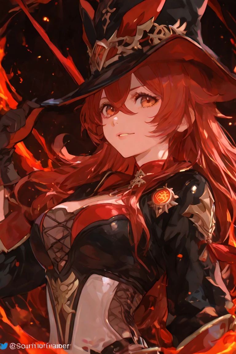 masterpiece,best quality,highres,cinematic lighting,dramatic angle,<lora:ShadowverseTidalGunnerV1:0.8>  ,1girl,red hair,twintails,goggles,carrying cannon,hair ornament,hair ribbon,choker,spikes,bare shoulders,necktie,white shirt,fishnet,black skirt,belt,package,explosions,skeleton skull decorations,red eyes,cowboy shot,clothing cutout,:d,fangs,huge breasts,thick thighs,mole,looking at viewer,victory gesture