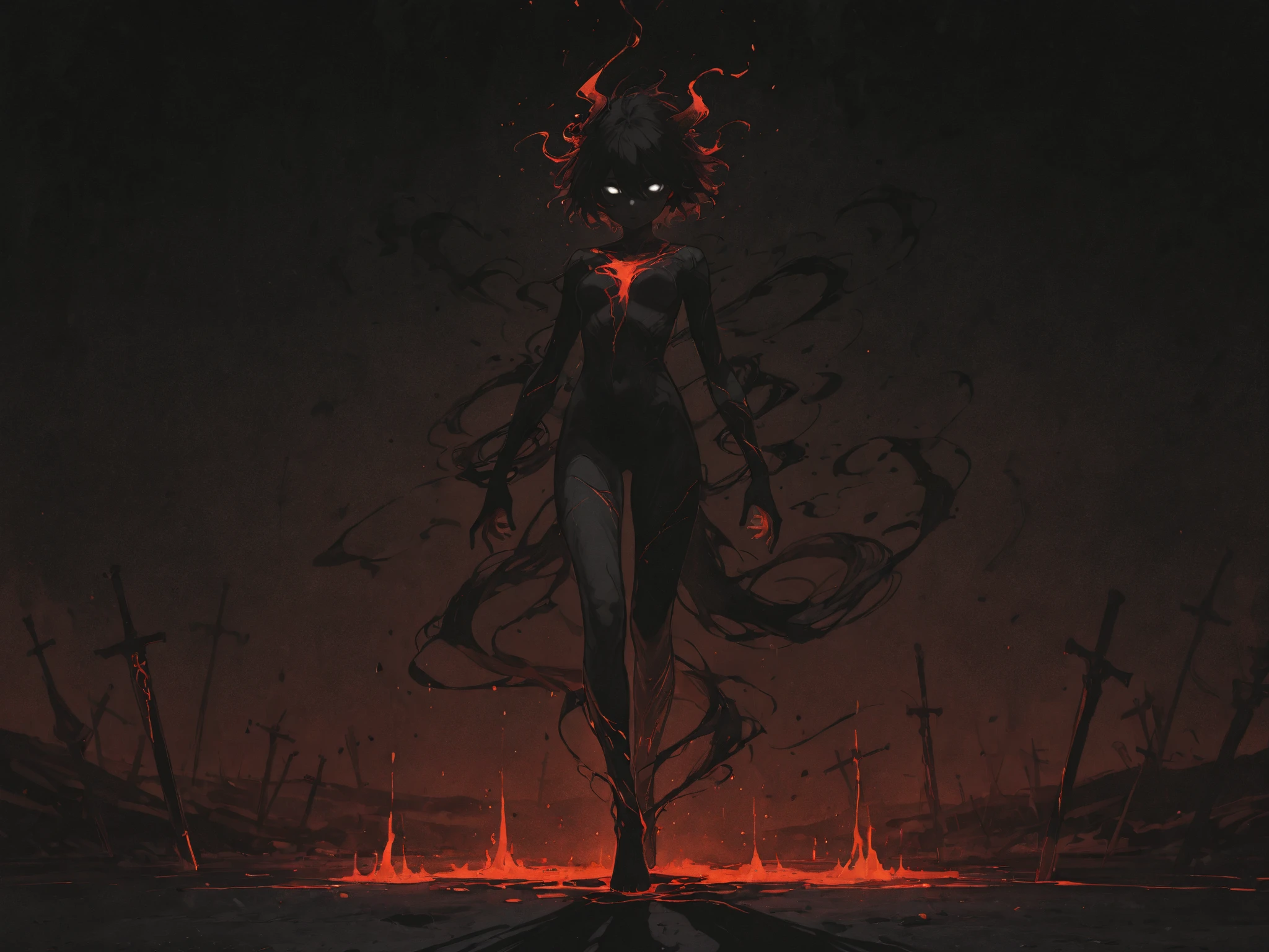 a demonic humanoid spider, night, fall weather, dark, creepy, fire, rain, demonic, glowing red eyes, horror, scary, 4 arms, 4 legs
