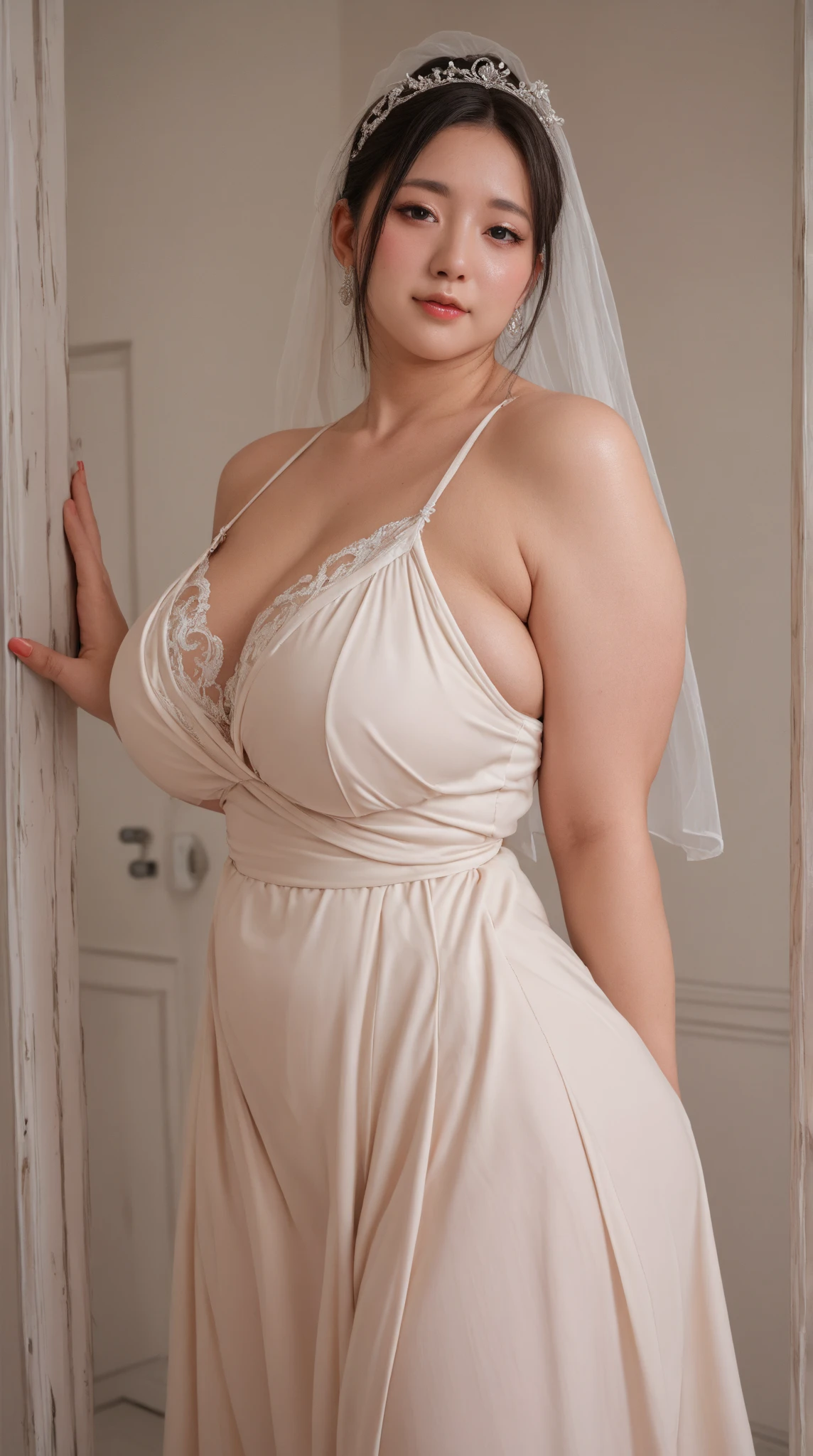8k, ultra-high resolution, highest quality, masterpiece:1.2), ultra-realistic, (realistic, photorealistic:1.37), (realistic skin:1.2), ultra-detailed, Canon EOS RP, 8k, Korean mature woman, smiling, (((super curvy,))) ((super voluptuous,)) adult model, standing still, ((full body shot)), thick ankles, (short hair), (empty space), (pale pink background only), (bridal dress),