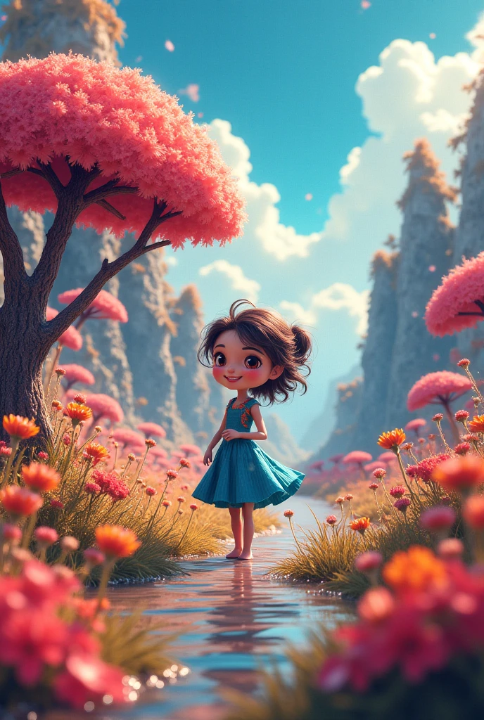 draw a small girl with pink dress and open hair who lives in a village