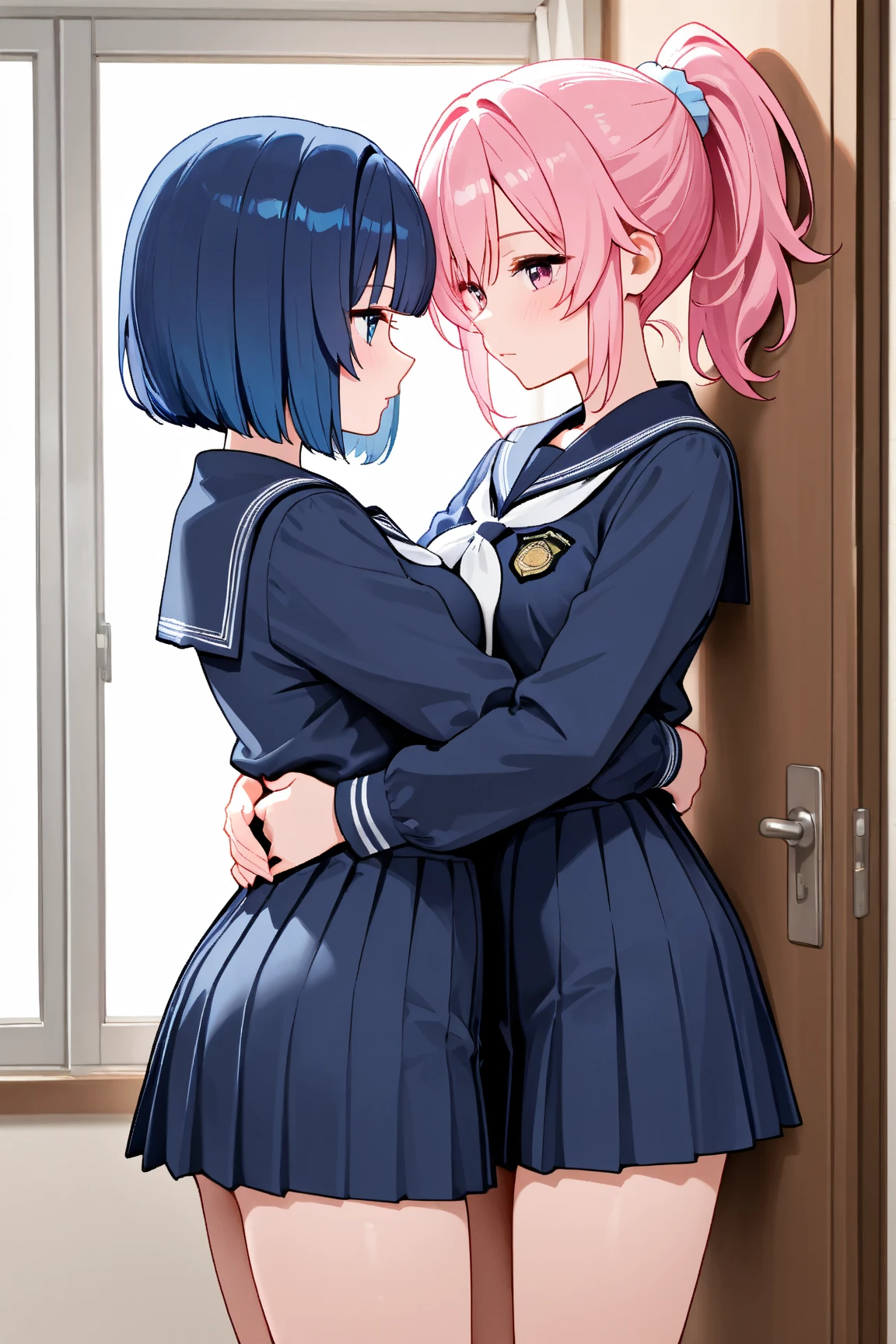 masterpiece,ultra detail,best quality,2girls,against wall serafuku,navy plits skirt,side view,girl pinned against wall,hug,kissing,NSFW,huge breasts