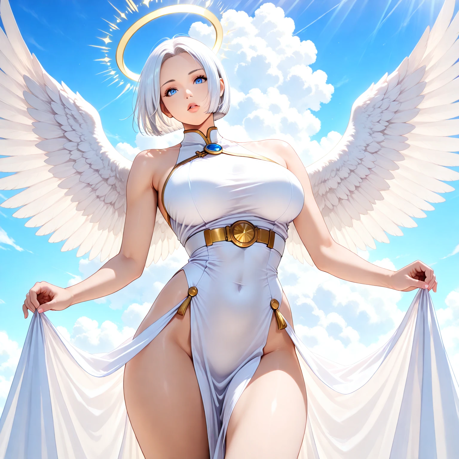 girl,hijab,sexy,heaven,big breast,happy,screamed,angel outfit,hijab angel wings long transparent white outfit and wet long short white outfit,in cloud,