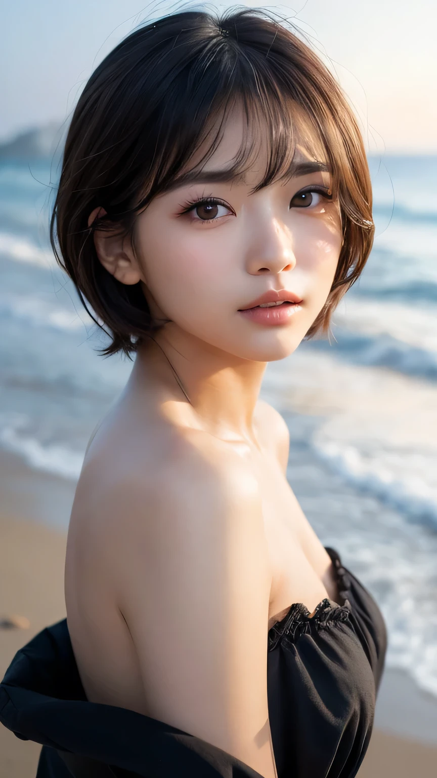 (masterpiece:1.2,highest quality),blur the background,1 High school girl,((nude)),(Ｅcup boobs),brown hair,bob cut hair,detailed and beautiful eyes,blushing face,healthy skin,looking at the viewer,smile,(beach),8K resolution