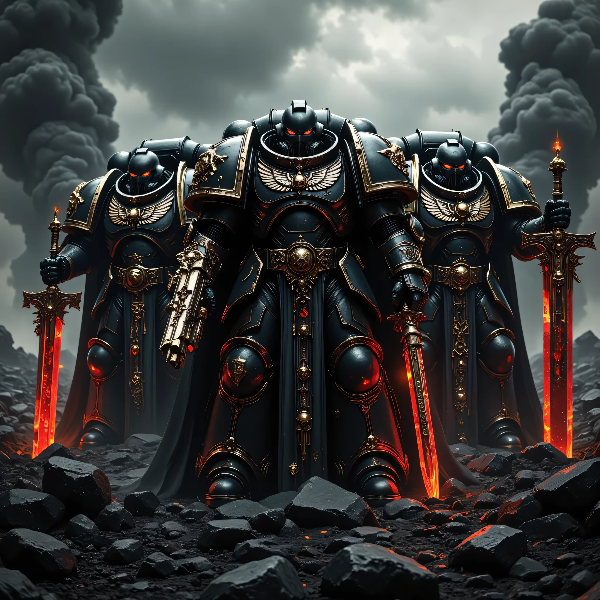 ((realism, photorealistic, life-like photograph, full body image)), (((3 Warhammer Chaos space marines, victorious, black chrome, gold filigree, each is wielding one power sword with glowing red chrome blade and one Space Marine Bolt pistol red chrome))), outdoors, metal reflections, professional photograph, sharp focus, dramatic, award winning, cinematic lighting, volumetric, (film grain, blurry background, bokeh, depth of field), (background futuristic battlefield, darkened sky, smoke, craters from ordinance battlefield)
