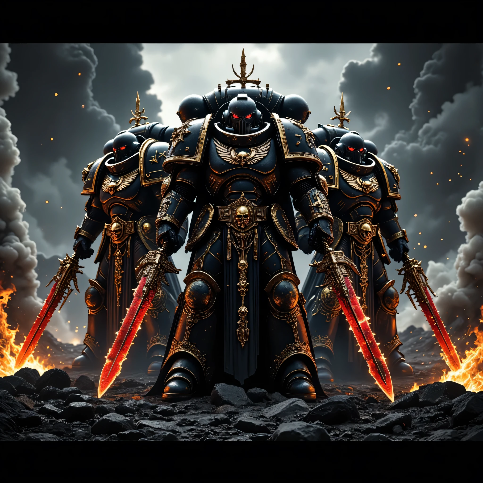 ((realism, photorealistic, life-like photograph, full body image)), (((3 Warhammer Chaos space marines, victorious, black chrome, gold filigree, each is wielding one power sword with glowing red chrome blade and one Space Marine Bolt pistol red chrome))), outdoors, metal reflections, professional photograph, sharp focus, dramatic, award winning, cinematic lighting, volumetric, (film grain, blurry background, bokeh, depth of field), (background futuristic battlefield, darkened sky, smoke, craters from ordinance battlefield)
