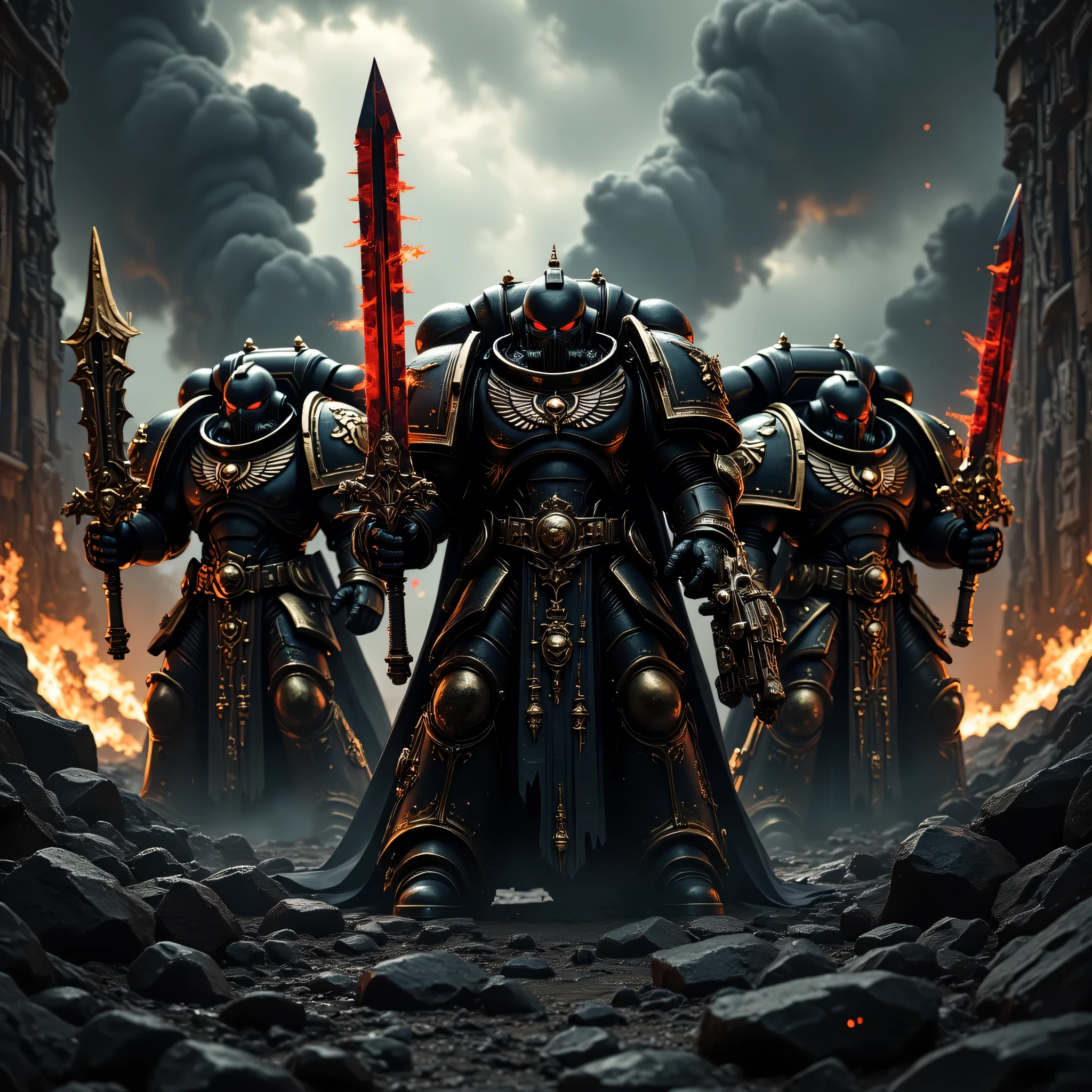 ((realism, photorealistic, life-like photograph, full body image)), (((3 Warhammer Chaos space marines, victorious, black chrome, gold filigree, each is wielding one power sword with glowing red chrome blade and one Space Marine Bolt pistol red chrome))), outdoors, metal reflections, professional photograph, sharp focus, dramatic, award winning, cinematic lighting, volumetric, (film grain, blurry background, bokeh, depth of field), (background futuristic battlefield, darkened sky, smoke, craters from ordinance battlefield)
