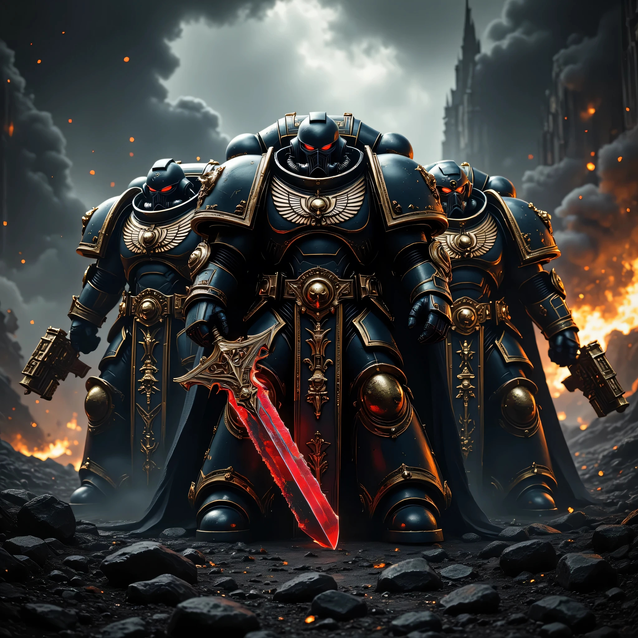 ((realism, photorealistic, life-like photograph, full body image)), (((3 Warhammer Chaos space marines, victorious, black chrome, gold filigree, each is wielding one power sword with glowing red chrome blade and one Space Marine Bolt pistol red chrome))), outdoors, metal reflections, professional photograph, sharp focus, dramatic, award winning, cinematic lighting, volumetric, (film grain, blurry background, bokeh, depth of field), (background futuristic battlefield, darkened sky, smoke, craters from ordinance battlefield)
