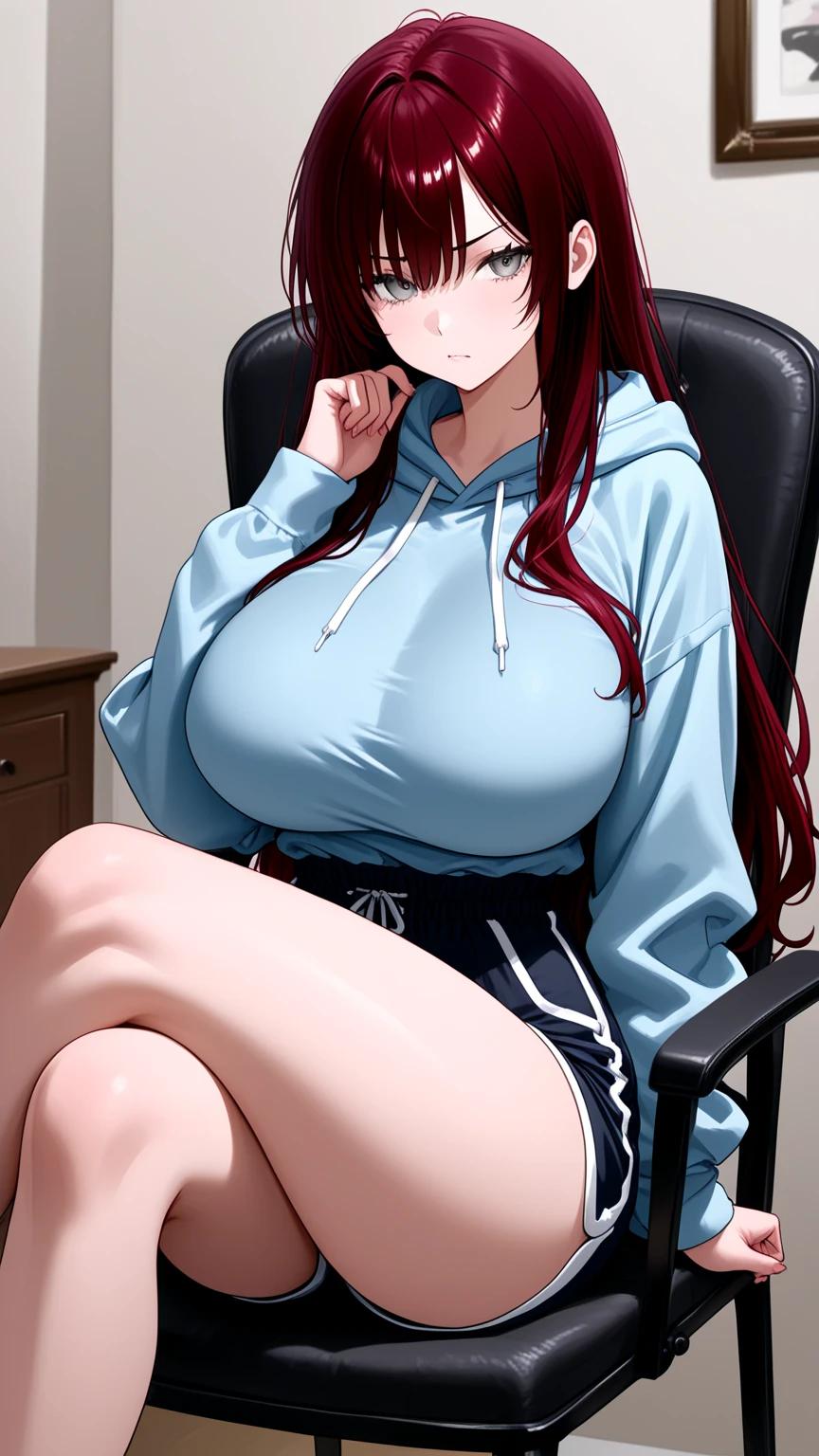 Uzumaki_kushina, big breast, wearing a jacket and white t-shirt and skirt, sitting on a chair, hospital