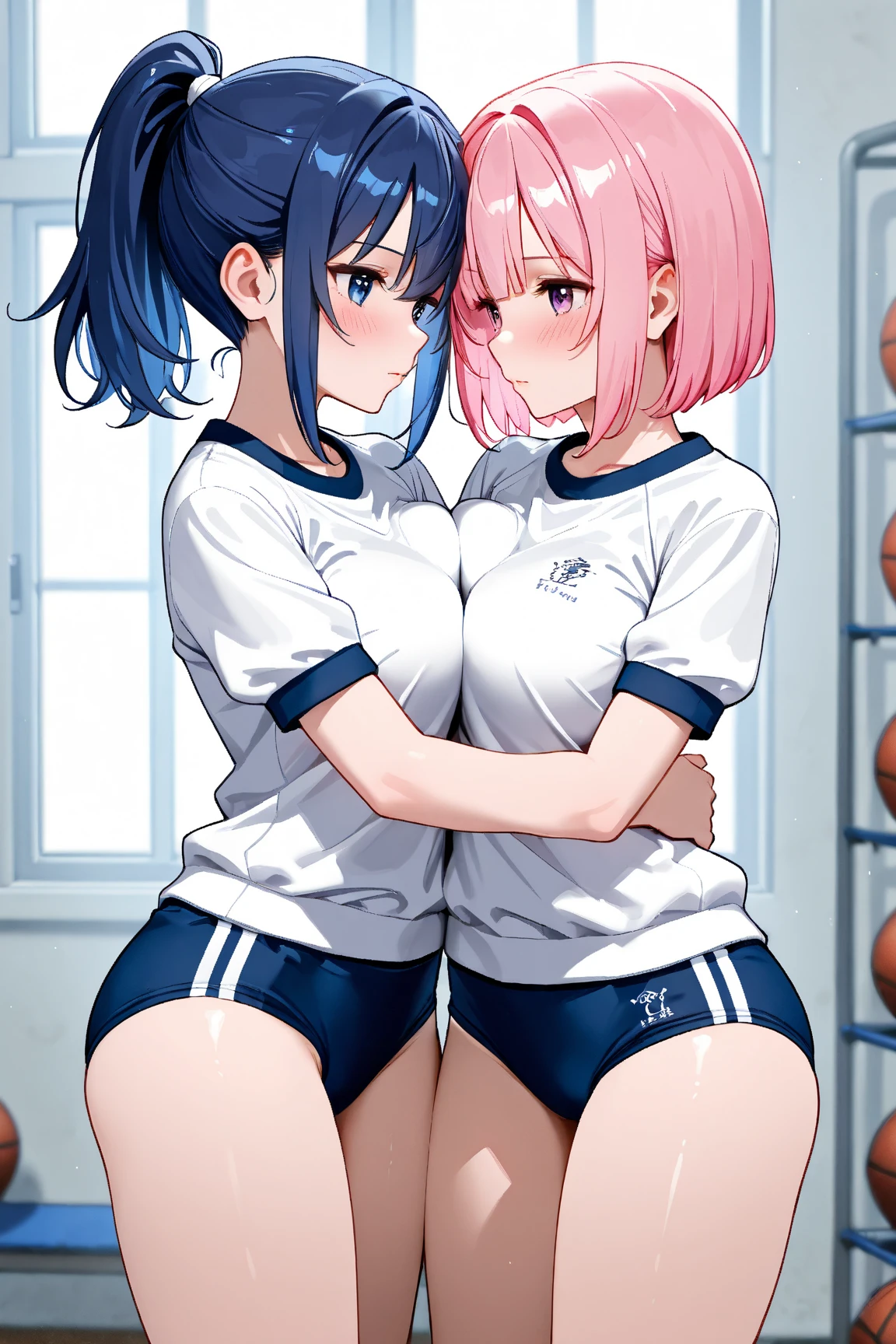2girls, nishikigi chisato, inoue takina, lycoris recoil, couple, from behind, symmetry, on all fours, perfect ???????, big ass, huge breasts, (navyblue buruma, fullback buruma, gym uniform, white t-shirts:1.4), thighhighs, looking at viewer, shy, blush, bed, masterpiece, best quality, very aesthetic, absurdres, official art, nsfw,