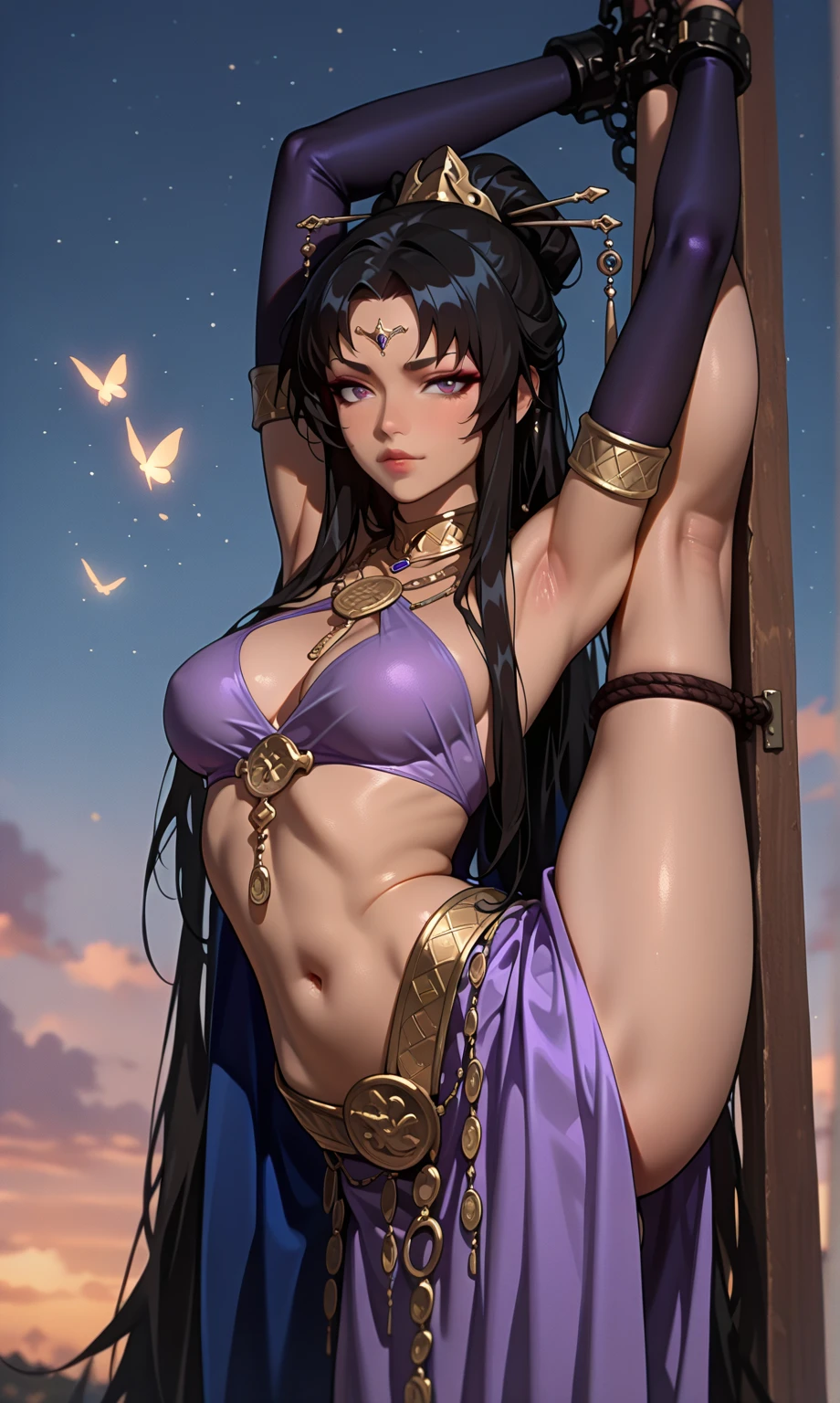 A tall and beautiful elf woman, with yellow pupils, contempt in her eyes, a cold expression, a haughty posture, a straight chest, dark skin, a purple transparent veil, purple tied hair, showing her chest and shoulders , showing her navel and thighs, looking up at the camera, in a medieval inn.