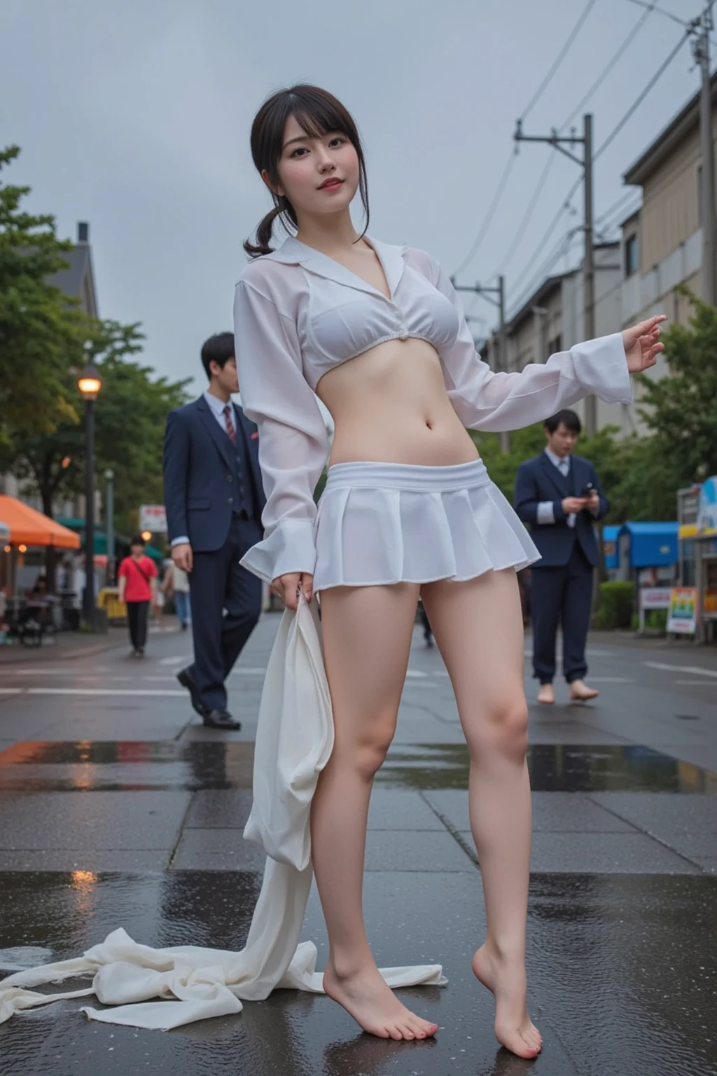 Девушка full length. realistically. full length. without panties and skirt. On a crowded street. shame on your face. Humiliation. Punishment. ashamed. crying