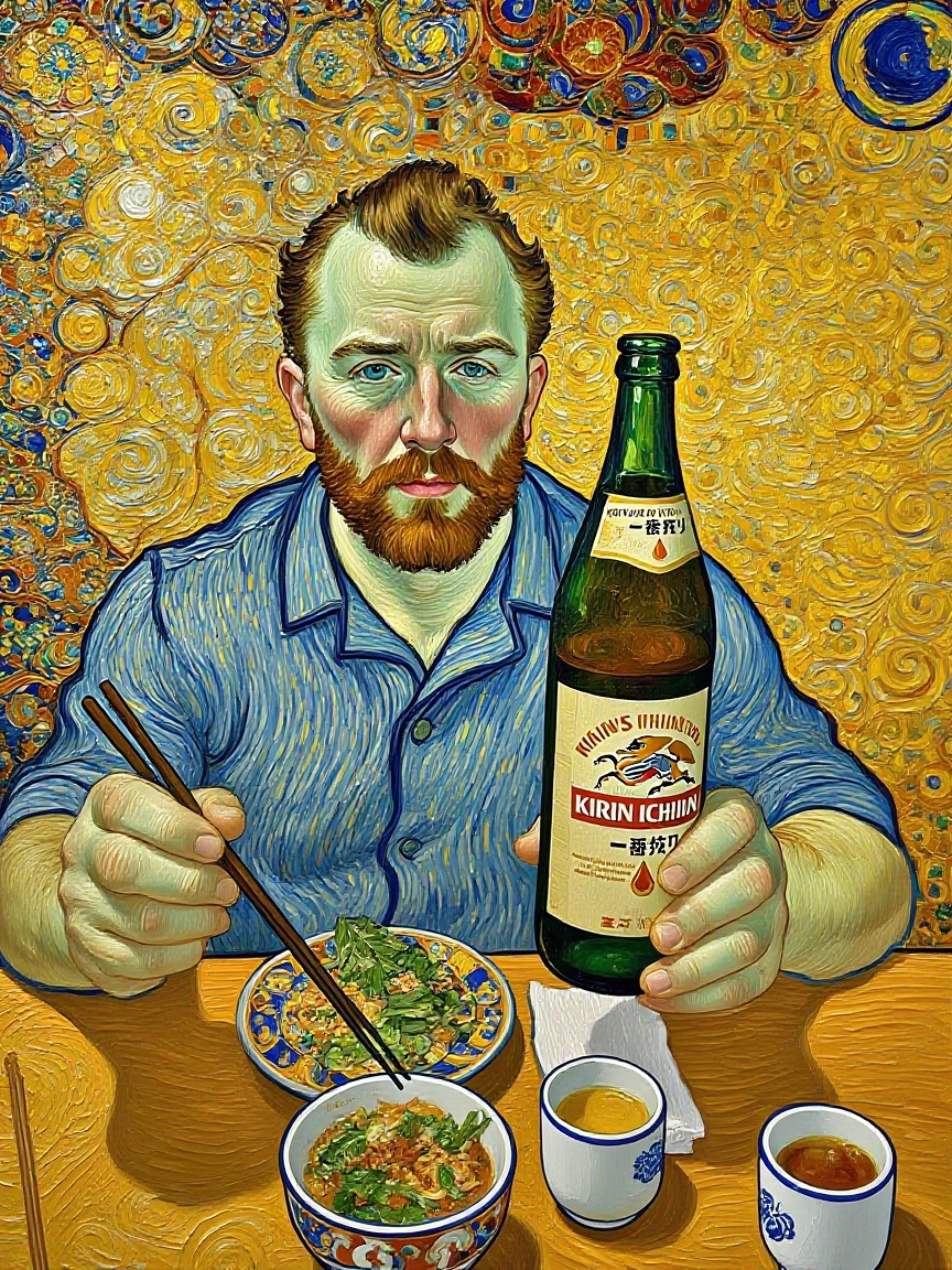 Van Gogh holding a glass of wine