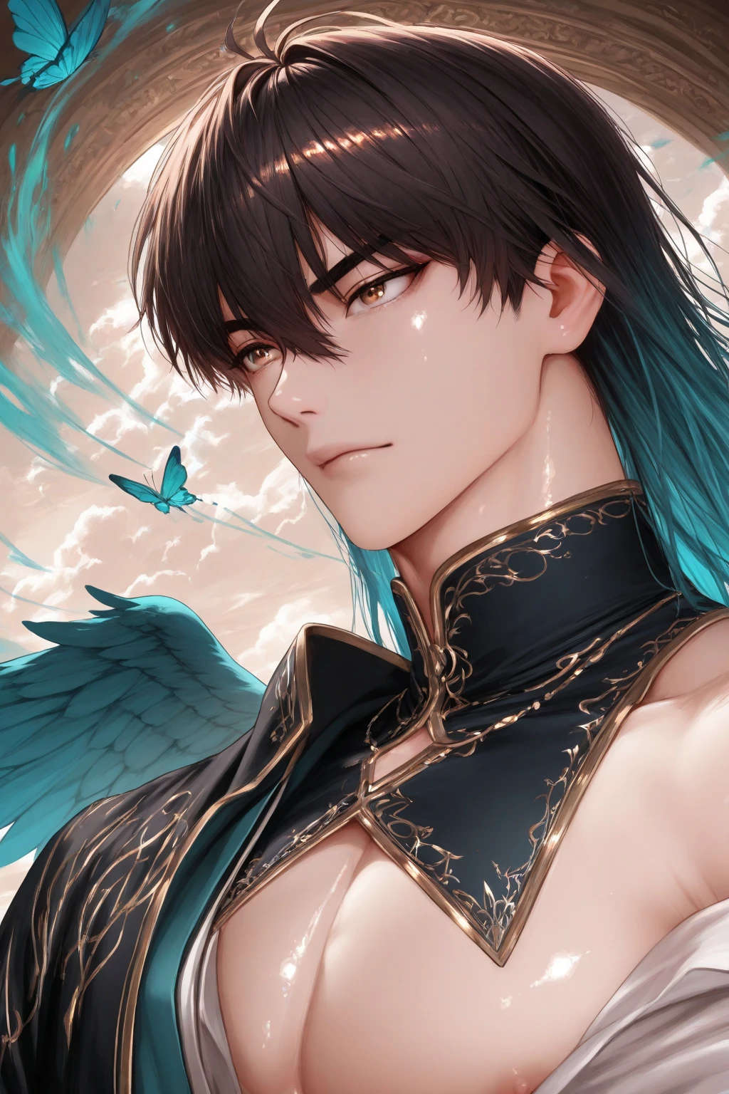 ((Masterpiece, Highest quality)), Male, boy, Detailed face, character design sheet， full bodyesbian, Full of details, frontal body view, back body view, Highly detailed, Depth, Many parts, dark skin, angel wings, black hair, angel outfit, Muscle boy with black long hair，handsome man, male angel , man tall, abs, pectoral muscle