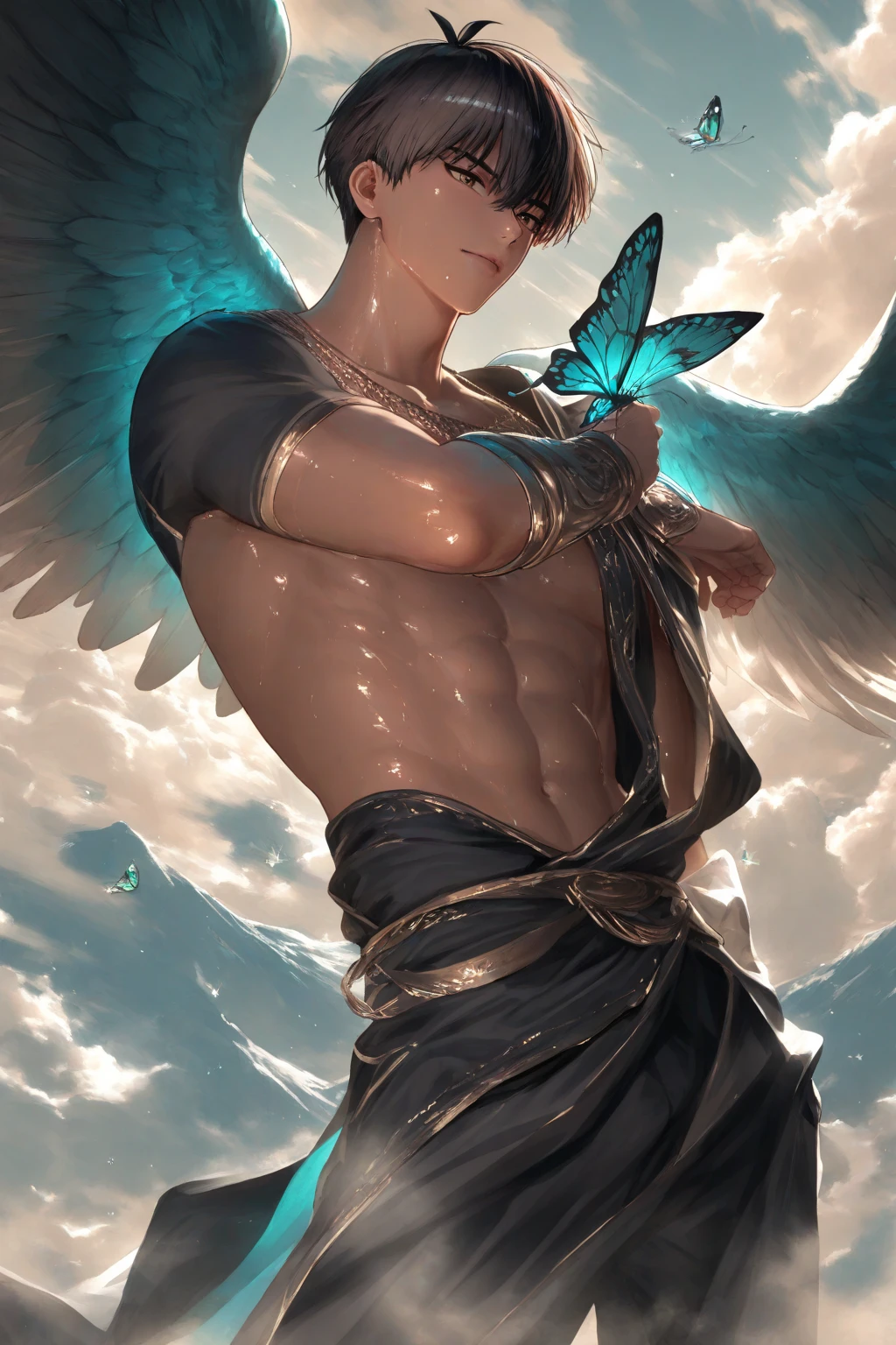 Extremely masculine muscular man, wearing a micro thong with big bulge, rainbow  hair, tattoos,butterfly Wings , many multicolored butterflies surround him as he sleeps hyper muscles