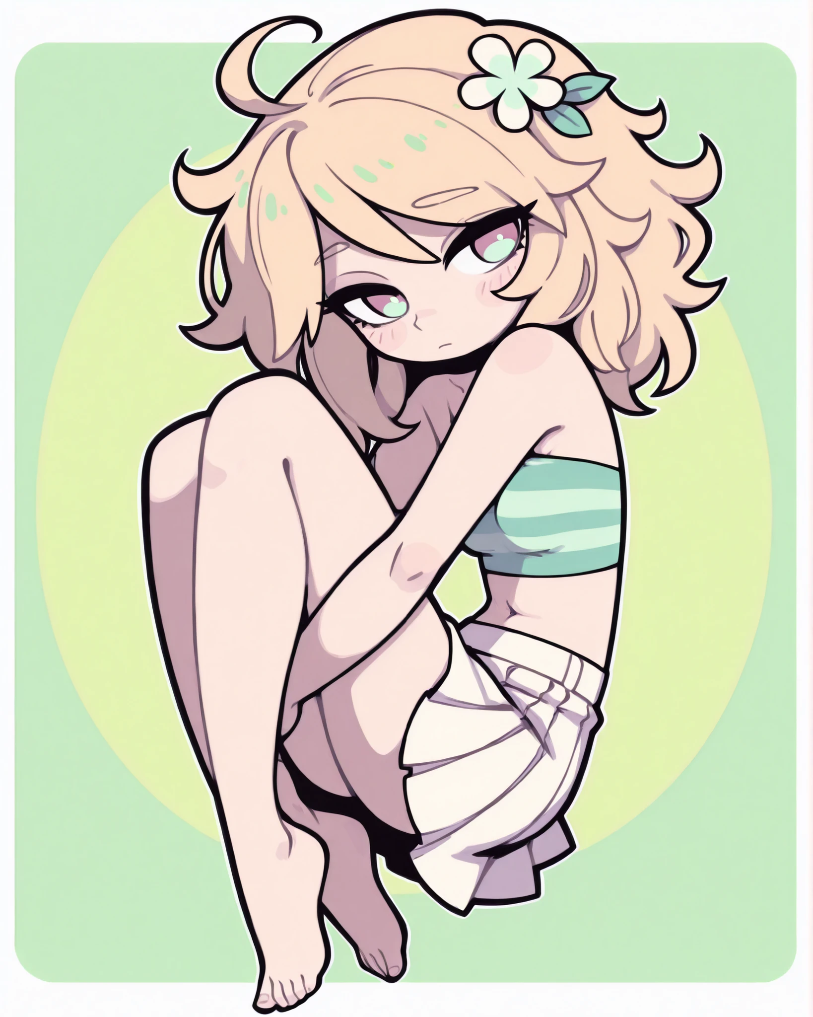 CartoonyIllustrious,fetal_position,a shojo-style digital illustration of a fairy school lolita. She has short, messy blonde hair. She wears a soft green tube top tucked into a high-waisted beige skirt. Her expression is kind but firm. Background is a solid soft mint color, clean and minimal, thick linework.