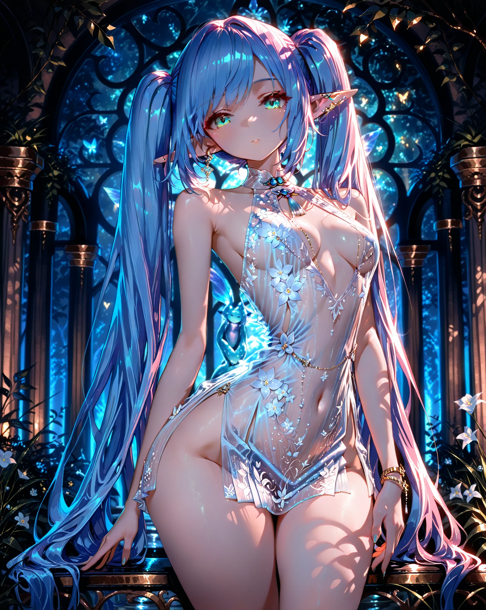 Young girl, princess,(puff sleeves), (((transparent))),((small breasts)), completely naked, (( pubic hair)), erect nipples , long hair, 4k, detailed wallpaper, puffed sleeves, Juliet sleeves, smiling , tiara, pale face,  garden, blue hairs