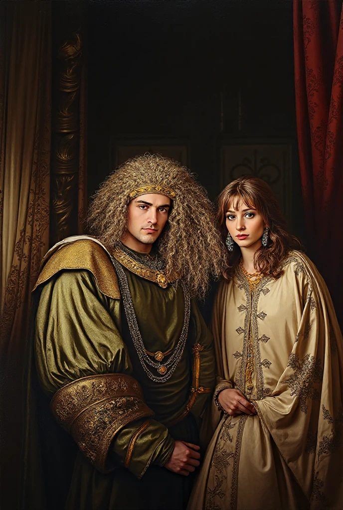 hold cat ,two cat, (1 man and 1 woman existence ), (1 man is Herod Antipas, 1 woman Herodian is wife), Front view, looking at viewer, 1 century, the king of the Jews, He is Arab and 50 years old, (Dark brown curly hair, Brown eyes ,He has a beard and curled moustache under his nose and on his chin, serious) ,middle body, (Gold crown), (Ionic nobles of the Roman Empire, Wearing a white tunic), (Red Toga, One-shoulder robe:1.3), ancient Sandals women is  Jewish girl  30  years old, (dark brown hair chignon, serious, gold earring, gorgeous neckless with jewel,  tiara with diamond,  long  black see-through back hood, ),(C cup breasts, slender  whist, wide hip), (White silk see-through shot blouse, Blue Bra with jewel , brown leather belt with jewel, White long see-through skirt on silk brown patron), gorgeous sandal, ((Textured skin , HI Detail Skin, (Shorthand, Canon, 8k, Anatomically correct, Super Detail, Attention to detail, Your Highness))