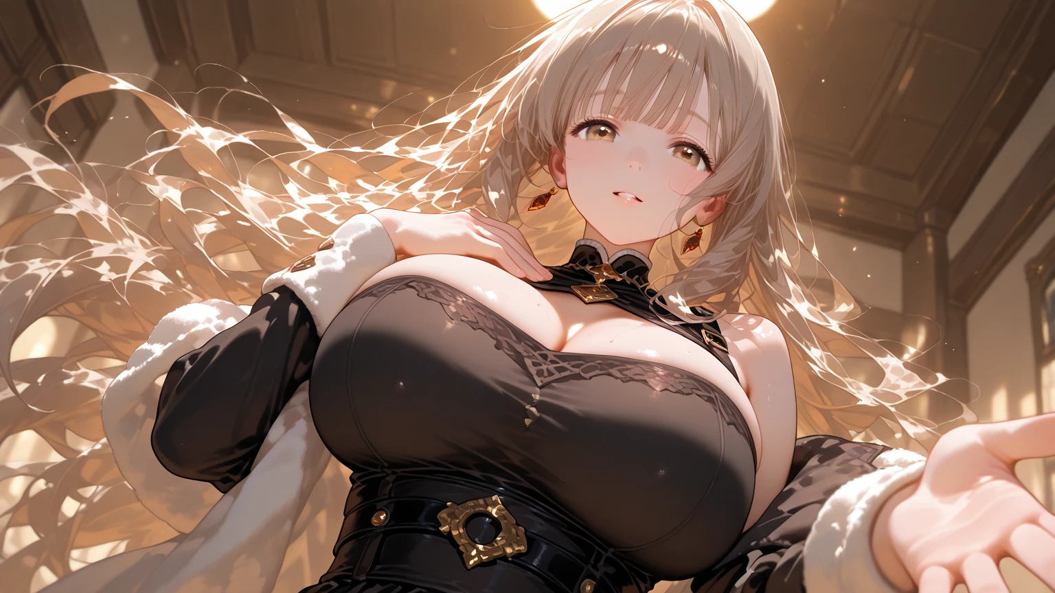 1 girl, ((Girl is tall, busty, attractive and has extremely huge breasts)), ((Long golden black hair))((Golden hair)), ((red eyes)), ((Girl wear white gown, golden necklace)), ((Living room))((Girl is sitting on the sofa, crossing legs)), ((Girl looks angrily at the viewer )), 8k, masterpiece