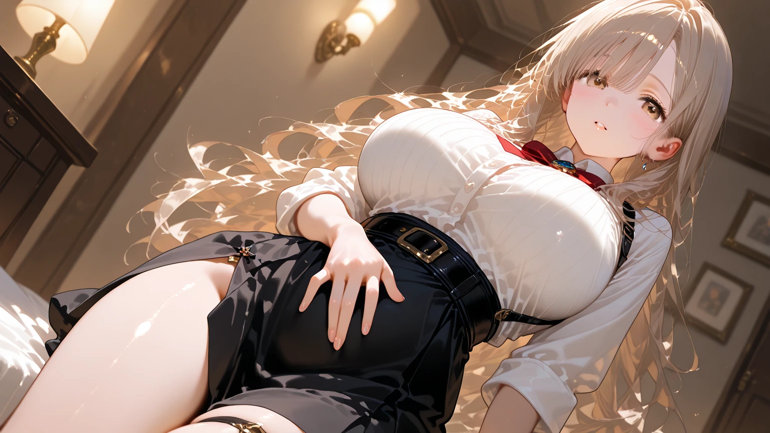 ((highest quality、High resolution、Highly detailed CG Unity 8K wallpaper))、detailed face、perfect body、unparalleled beauty、beautiful breasts、spread your legs wide、inviting look、((She lifts up her skirt and shows her panties))