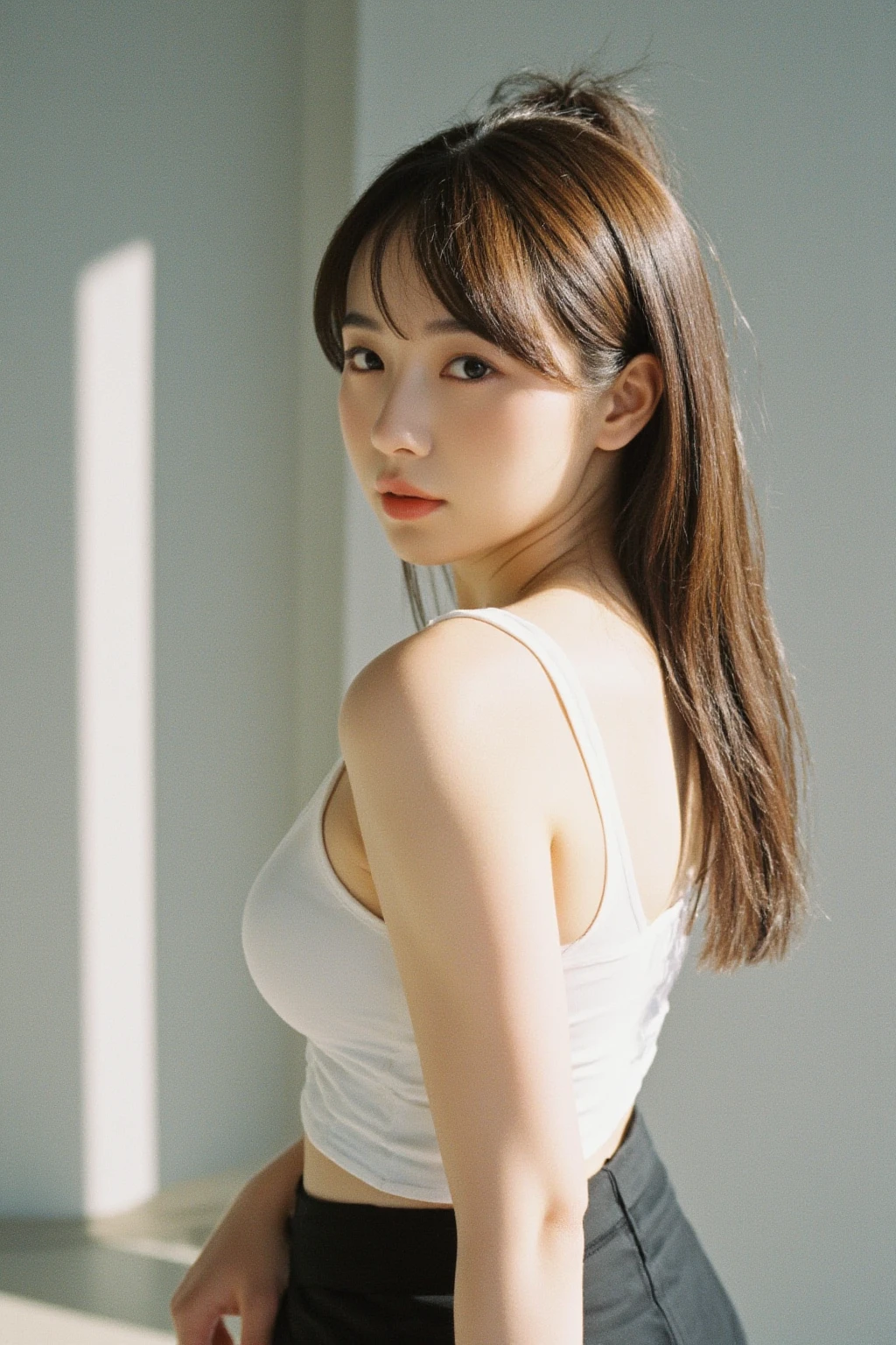 (best quality:1.4), (ultra highres:1.2), (photorealistic:1.4), (16k, RAW photo:1.2),(portrait shot:1.3), bmangpor, 1girl, solo, long hair, brown hair, upper body, white smooth armpits, arm up, knit tanktop, big breast,