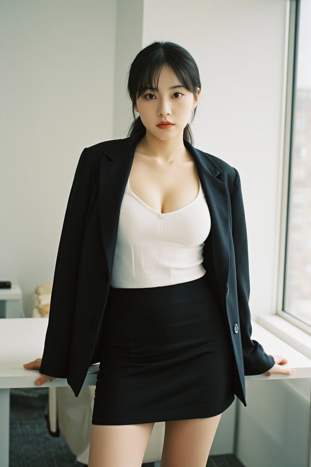 Cool beauty，Looks sweet. Wearing black oversize blazer, deep v, show cleavage, natural big breast, plump body, big thigh. Pink background.