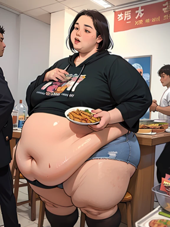 (masterpiece, detailed, realistic:1.2), korean woman, young, teenager, USSBBW, (morbidly obese, fatblob:1.2), (gigantic belly:1.3), (detailed face, beautiful face:1/2), high aesthetic, eating junk food, panties, surrounded by concerned friends, restauraunt