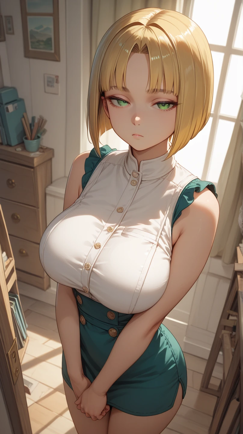 ((SEXY OFFSHOULDER MINI DRESS))((BIG TITS)),((SEXY)),((SEDUCTIVE))Film movie still，1 chica en、Se destaca、14 years、piel palida、sonrisas inocentes、(A detailed Face)、(piel detallada)、wet，Los detalles son complejos、Shallow depth oF Field、[volume Fog]、movie lighting、ReFlectors、una Canon EOS R5、lente de 50 mm、F / 2.8、shot at 8k resolution、de cerca，inside the room，escritorios，verdor