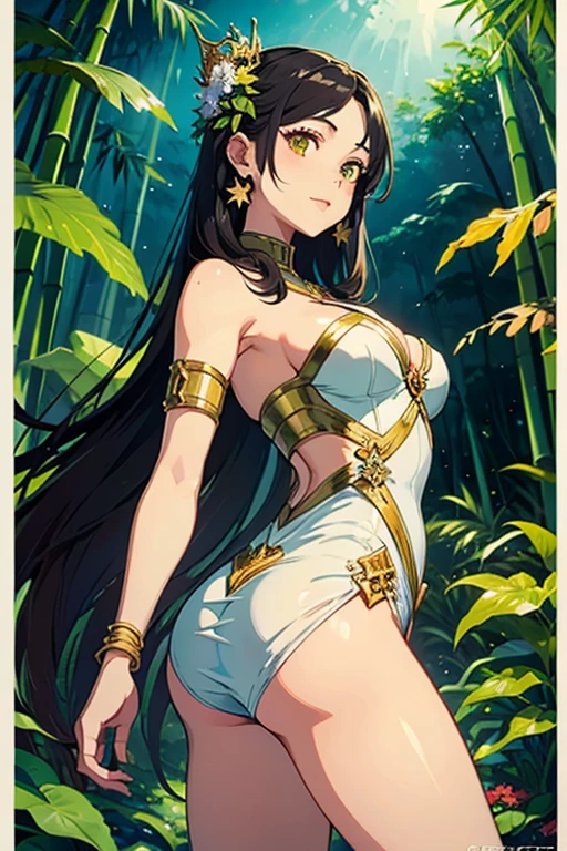 long hair, black hair, medium breast, slim legs, nervous, white gown, cleavage, arabian belly dancer , skirt, rin tohsaka, twin tail, navel, garden, night, sitting, blue eyes