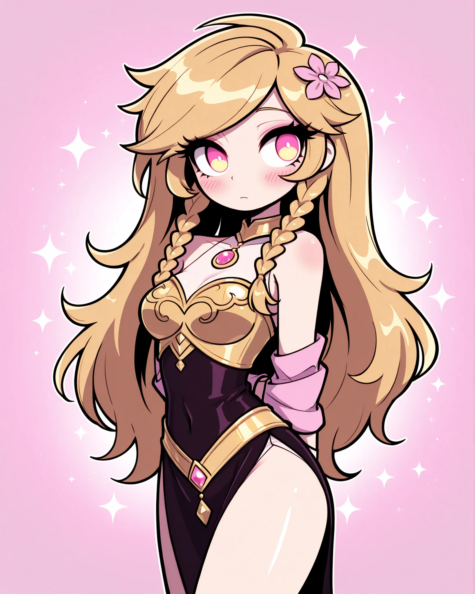 CartoonyIllustrious,A reinterpretation of Rapunzel as a modern fairytale warrior, long flowing golden hair styled in elegant braids that wrap around her arms like golden chains, wearing a stylized armor with floral motifs and soft fabrics, her gaze gentle but fierce. She's standing confidently against a soft solid pastel background (lavender or blush pink). Shojo-inspired facial features, delicate eyelashes, and expressive eyes filled with hope and quiet strength. A magical glow subtly surrounds her hair tips, suggesting hidden power. Elegant and graceful pose, composition balanced and clean