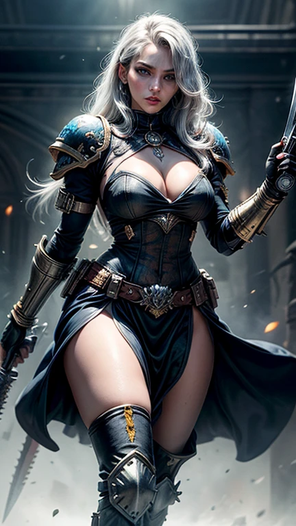 fantasy image, winter, harsh landscape, 1woman warrior (aged 40+) (age 1.5), angry, screaming, covered in blood (blood 1.6) attacking with axe, mix4, (full body image),(8k, RAW photo, best quality, masterpiece: 1.45), (realistic, photorealistic: 1.37), snow, professional lighting, photons mapping, radiosity, physically based rendering, gradient black hair, gray hair, short curly hair, braided hair, handsome, armor, pale skin, top quality photo, high res, 1080p, (clear face), (detailed face description), (detailed hand description), (masterpiece), (exquisite CG), extreme light and shadow, disheveled hair, master work, rich details, (fine facial features), (highest quality photo), (masterpiece), (detailed eyes), (blue eyes), look in front of you eyes, fine clavicle, dark, mystical scandinavian (misty 1.9), dark, moody, stylized, white background with one color ink stains, art by Alternity77,