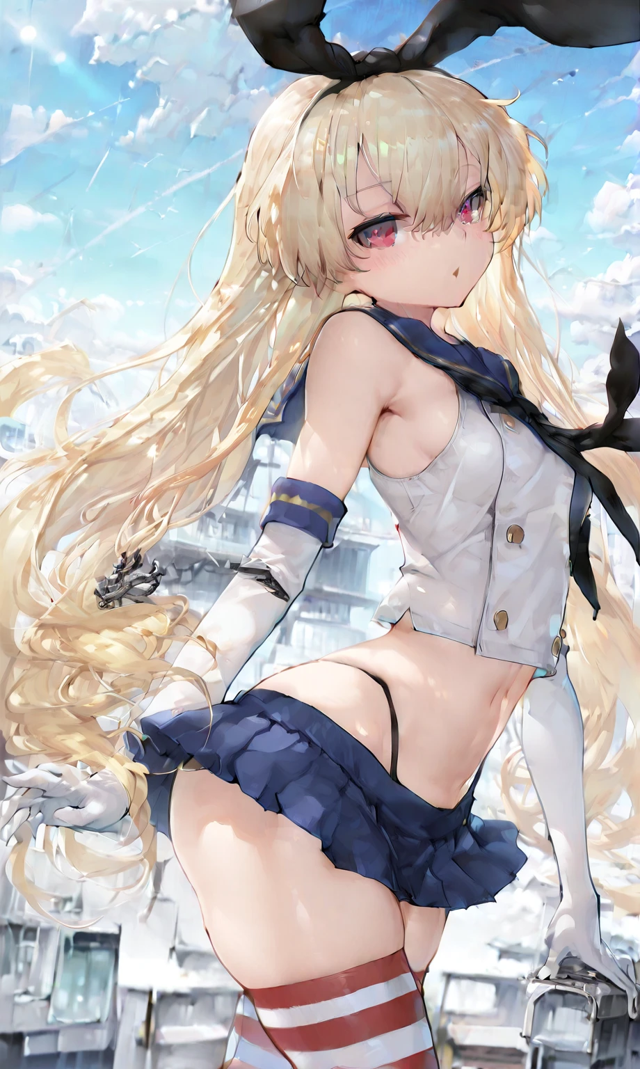 ultra-detailed、highest quality、Highest image quality、master piece、8K、blonde curly hair、(SFW huge body)、(((Rear view)))、cowboy shot