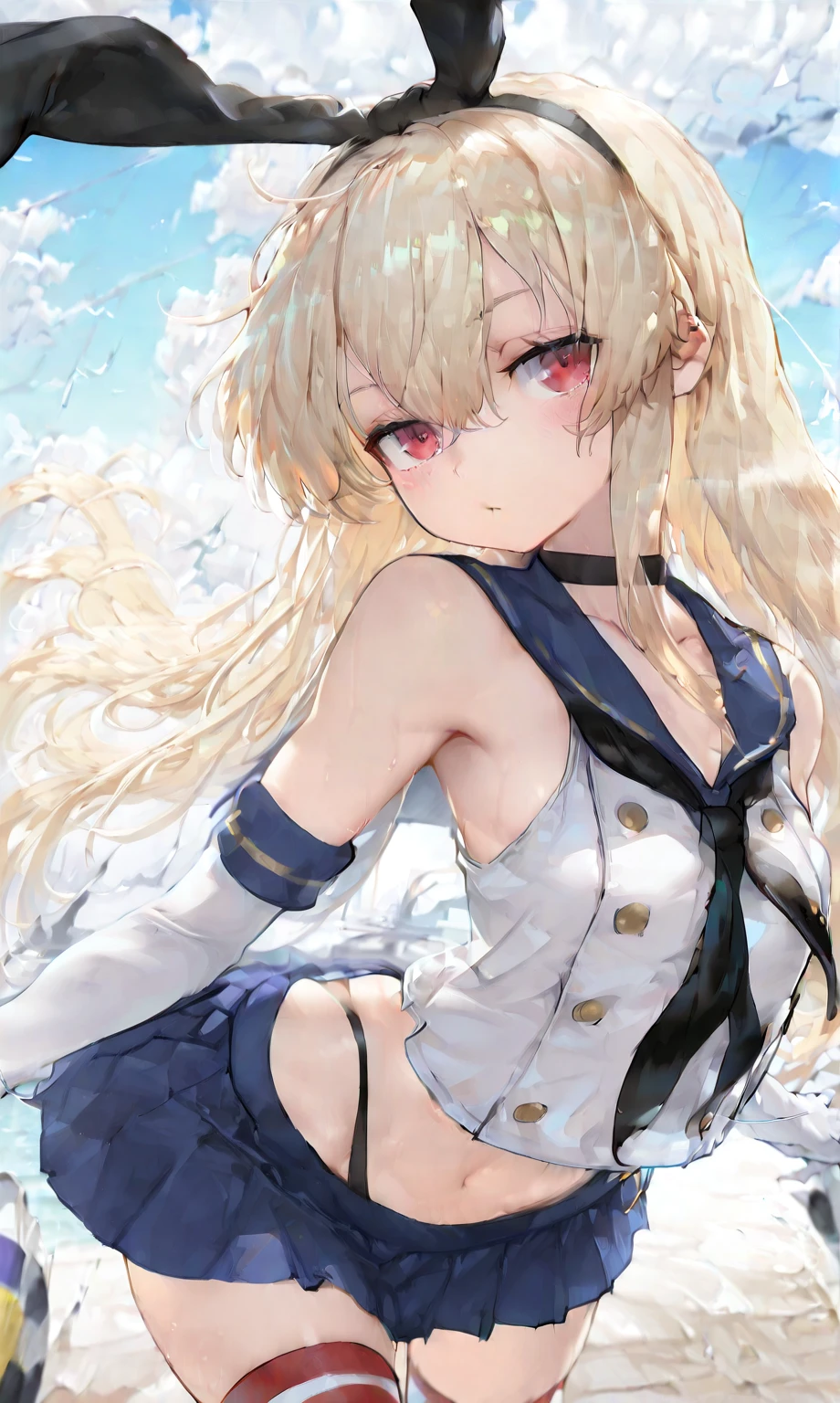 best qinality, masterpiece, High resolution, 一人in, {in_511_Fleet Collection:1.15}, length_hair, bline_eye, blonde_hair, Have, Garrison_cap, blinsh, army, One girl, Sailor_collar, Sailor_dress, bline_hat, Clothes_write, dress, Sailor_Have, Simple_backgroinnd, black_neckerchief, gloves, length_sleeve, inpper_body