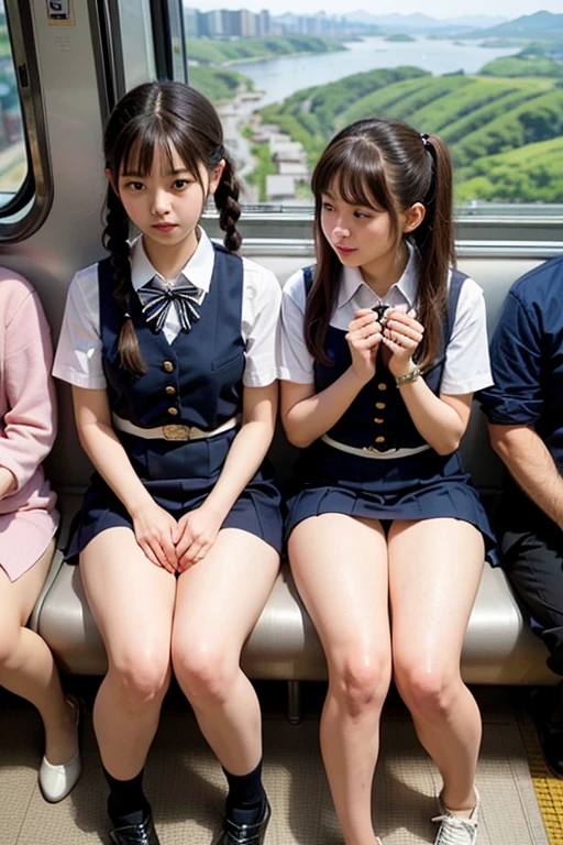 Asian girl in school uniform sitting on a subway bench, uma aluna hiperrealista, Estudante bonito, usando saia e meias altas, Menina anime na vida real, menina coreana, de uma aluna posando, cute face with arms and legs, aluna hiperrealista, Uniforme escolar da menina japonesa, vestida como aluna, Anime Menina Tailandesa, menina da escola