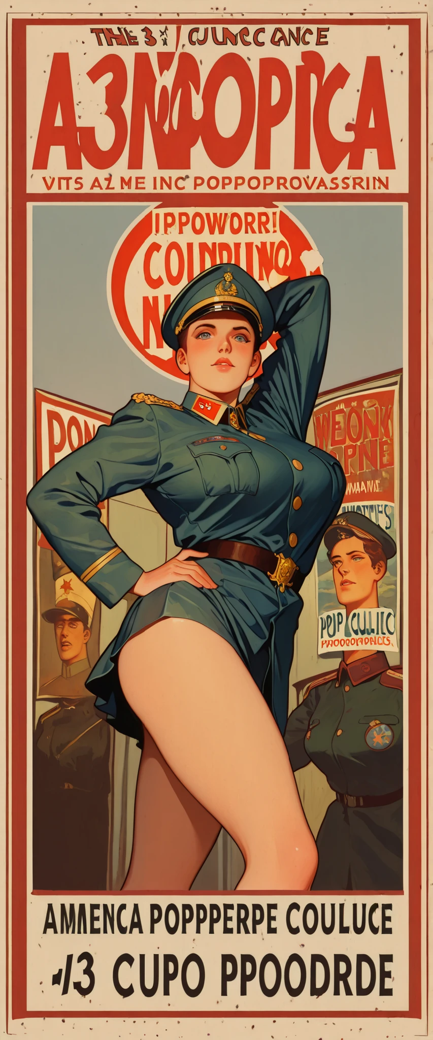 (propaganda poster:1.5), (poster:1.4), (American text:1.3, font:1.3), (retro style, pop culture reference), big breasts, very short hair, military uniform, military cap, very short skirt, (pose:1.2)