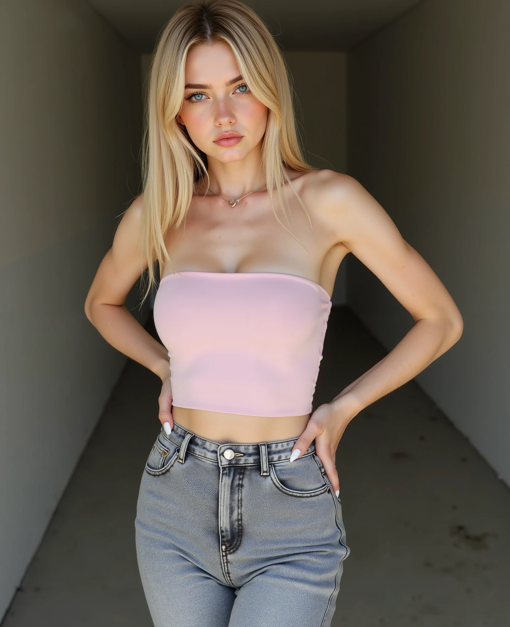 stunn1ng,photorealistic, full body shot, candid photography style, white european caucasian woman, young adult, narrow waist, perky breasts, flat stomach, alluring youthful face, soft cute features with subtle sharpness in cheekbones, vivid icy blue contact lenses with an intense frosty glare, dyed blonde hair with visible natural brown roots, middle-parted hair, extremely straight hair like an arrow, long hair past shoulders, ((mouth closed at all times)), cold annoyed expression, piercing half-lidded eyes, gaze filled with irritation and superiority, subtly raised eyebrow, projecting cool indifference and arrogance, body language relaxed but dominant, one hand on hip, other arm loose, long manicured fingernails with classic french tips, wearing a light pink bandeau top, exceptionally high-waisted grey skinny jeans, jeans slightly flared at the hem, outfit clings naturally to body, photorealistic fabric texture, standing in a barren empty garage, raw concrete walls and floor, muted industrial tones, ambient neutral daylight, cinematic soft shadows, cool-toned lighting, icy aesthetic, ultra-detailed, 8k, editorial realism, fashion photography tone, emotional distance, subtle tension