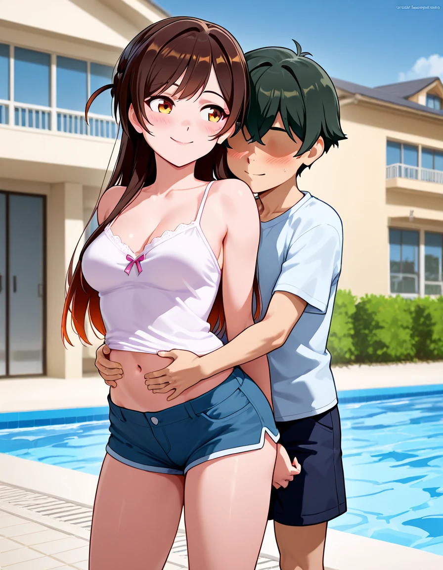 ((Table t○p, highest quality, Hi-Res Lucifer,Anime Screen Capture、Perfect Pixel, 8k, nsfw、Sex with a middle-aged man)))、Perfect Anatomy、(((Huge breasts、Swollen nipples、Thick thighs、Wide ass、Hands behind head、Both armpits、Wet)))、(((Hairless middle-aged man、hug from behind)))、(((White Bikini)))、Sweat, Vapor,(Red eyes、Glasses)、((Short Hair、Wavy Hair))、((half updo、Black Hair)), ((((blush、Embarrassing))))、(Pool at night)、