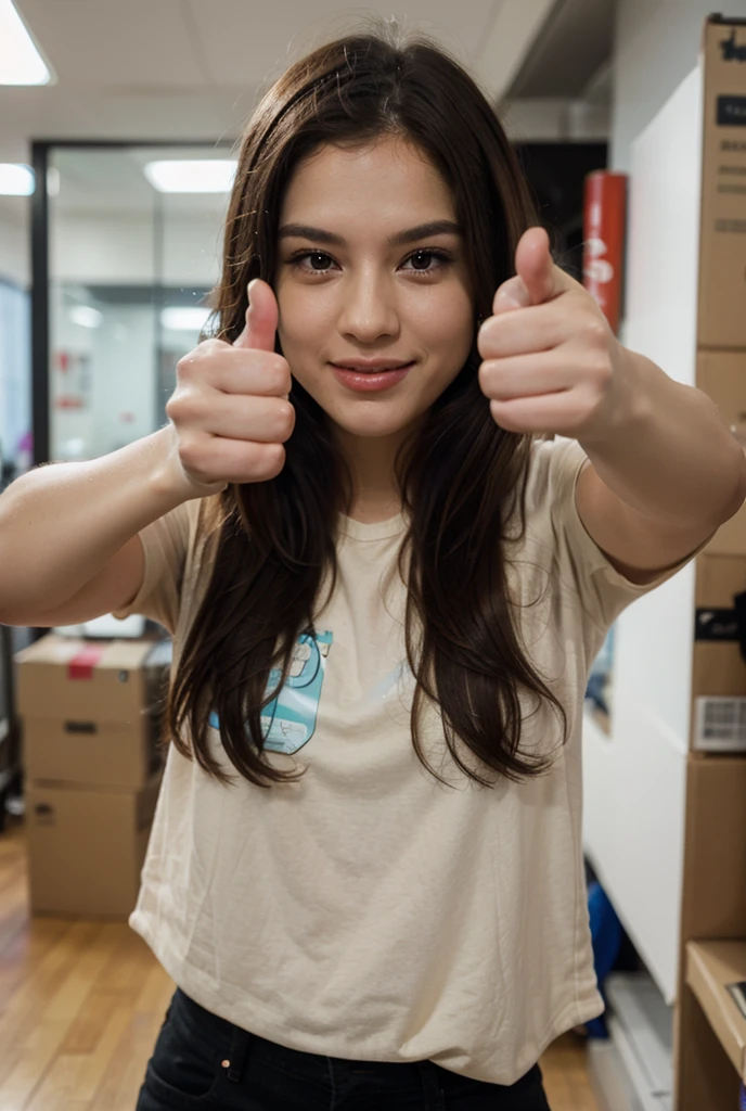 woman wearing a blue t-shirt with a big letter F written on the front of her chest with a sweet smile