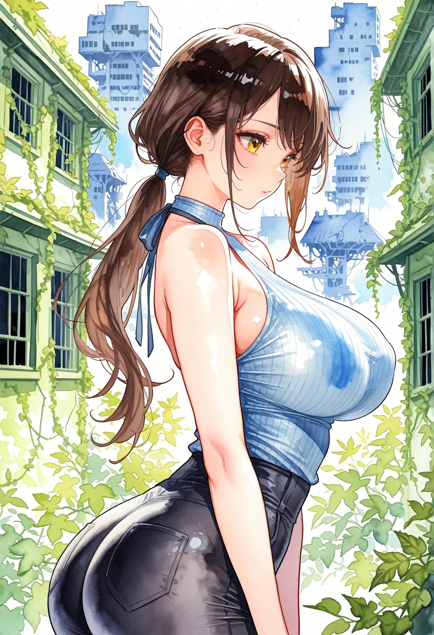 (masterpiece, top quality, best quality, official art, beautiful and aesthetic:1.2), masterpiece, best quality,  1girl,  with a edgHimeCut hairstyle,  blunt bangs, bangs, lake, nature, stone walkway,  full body, jeans, bare shoulders, blue shirt, necklace, crossed arms, from side, (large boobs:1.3),erected tits , Masterpiece, milf, onegai teacher, curvy, juicy cameltoe,