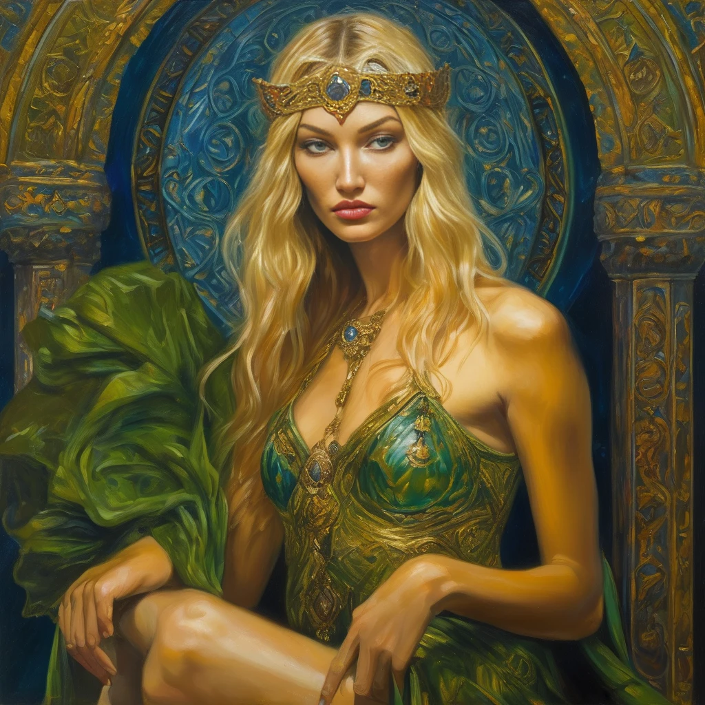 (cate blanchett, 30 years old woman), is a bikini clad seductress with many jewels on golden chains accentuating her curves, lots of alluring henna body paint, in a Conan movie, she is on a moonlit beach with a lavish silken bed and jewel pavilion, she is walking past the viewer and looking back over her shoulder, mesmerizing, hypnotic, alluring, zoom out, show entire body, show all of her, no nudity, safe for work, proper anatomy, double check anatomy