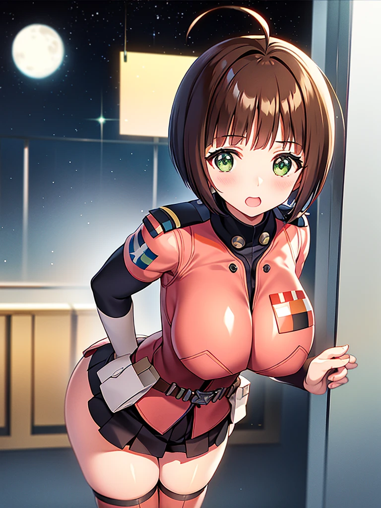 best quality, high resolution, haradamakoto, green eyes, pink bodysuit belt thigh boots ,(huge breasts:1.2), blush, (embarrassed), smile, darkbrown hair, bobcut