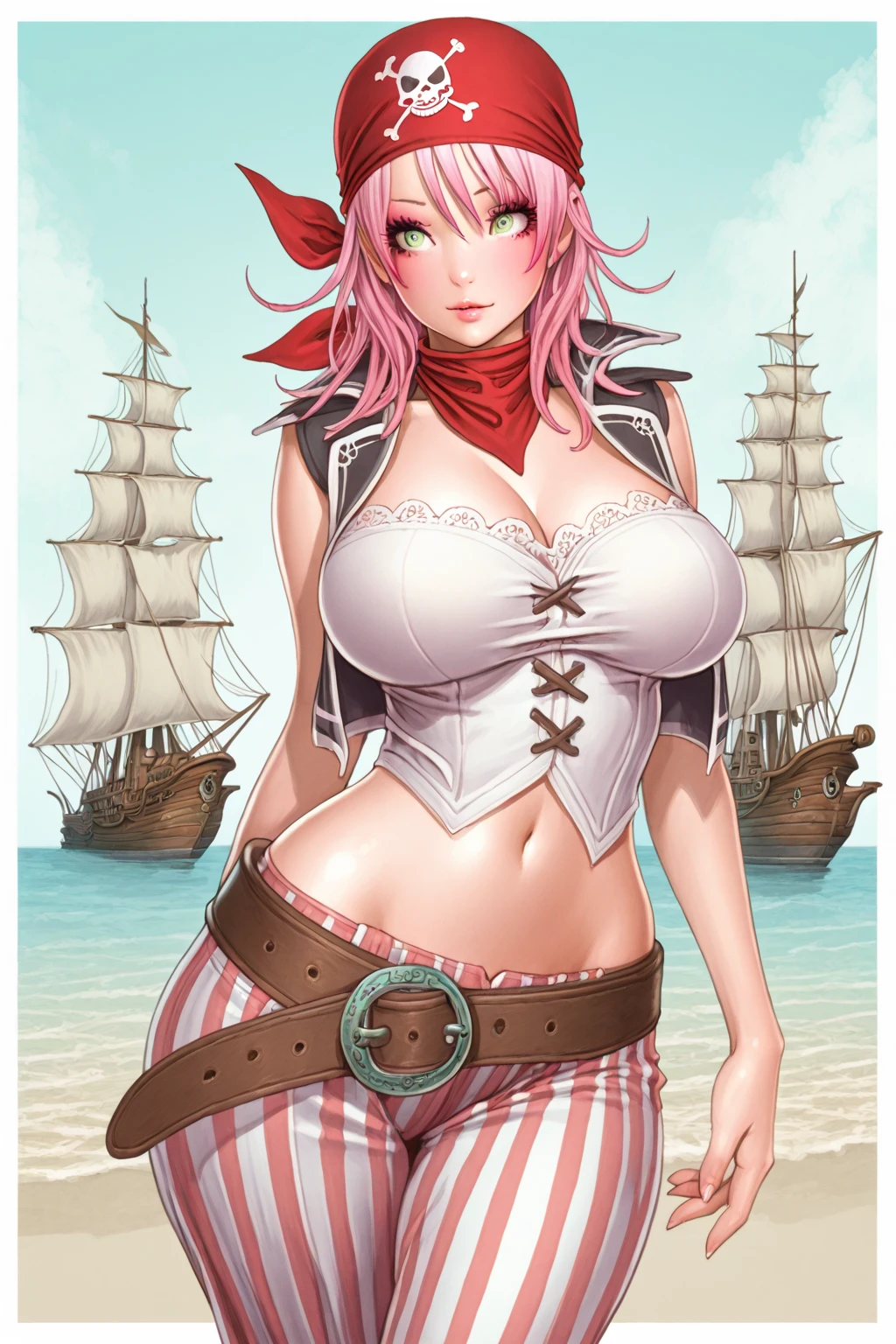 (NSFW:1.4), high resolution, excellent composition, (best quality:1.5), 1girl, pirate girl, (standing action pose), daring  pose, pirate sword, smug face, 18 years old, petite, girly, cute face, multicolored hair, pixie cut hair, bright green eyes, ((naked:1.5)), badlands branding tattoos, perfect anatomy, medium breasts, ((short pirate vest, exposed breast)), sexy body, pirate_hat, scarf, fingerless_gloves, ((pirate belt)), chains, (fishnet stockings:1.3), (pirate boots), (thin pubic hair), (virgin), (pretty face), beautiful round anime eyes, (smooth abdomen), jewelry, vibrant outdoors, day, bare shoulders, full body, perfect body, ((pirate ship background)), (gun holster), accurate hands, ultra detailed, intricate detail, 8k, (extremely detailed CG 8k wallpaper), ray tracing, bsp, 1 girl, leather,bsp,sexypirate