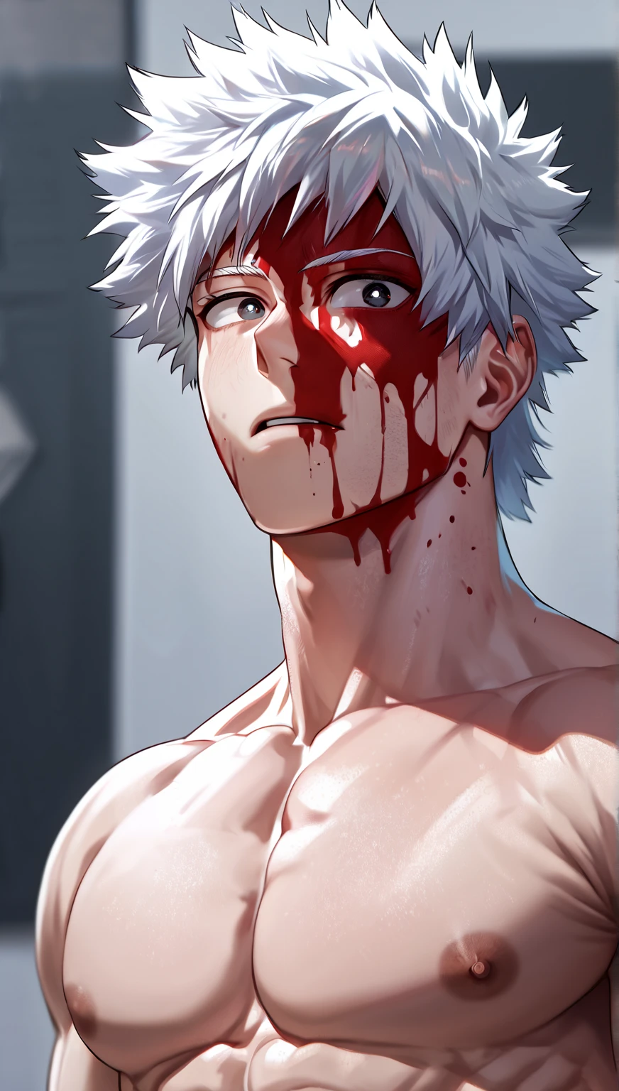 1 men, short white hair, pink eyes, Kitten ears, hospital clothes, slightly muscular body, at night, raining, front view, Top of a destroyed building, bruised and bloody body, no facial expression, front view