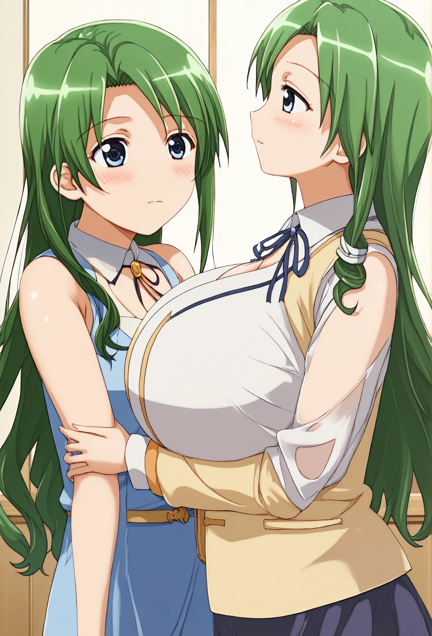 score_9, score_8_up, score_7_up, score_6_up, score_5_up, score_4_up, (source_anime), 2girls, monster musume no Iru Nichijou, (papi from monster musume,girl, blue hair, Short hair, Little kid girl body, small breasts), (Centorea, Blonde, Centaur, massive breasts, Tall stature),  yuri, Human and animal hybrid, age difference, size difference 