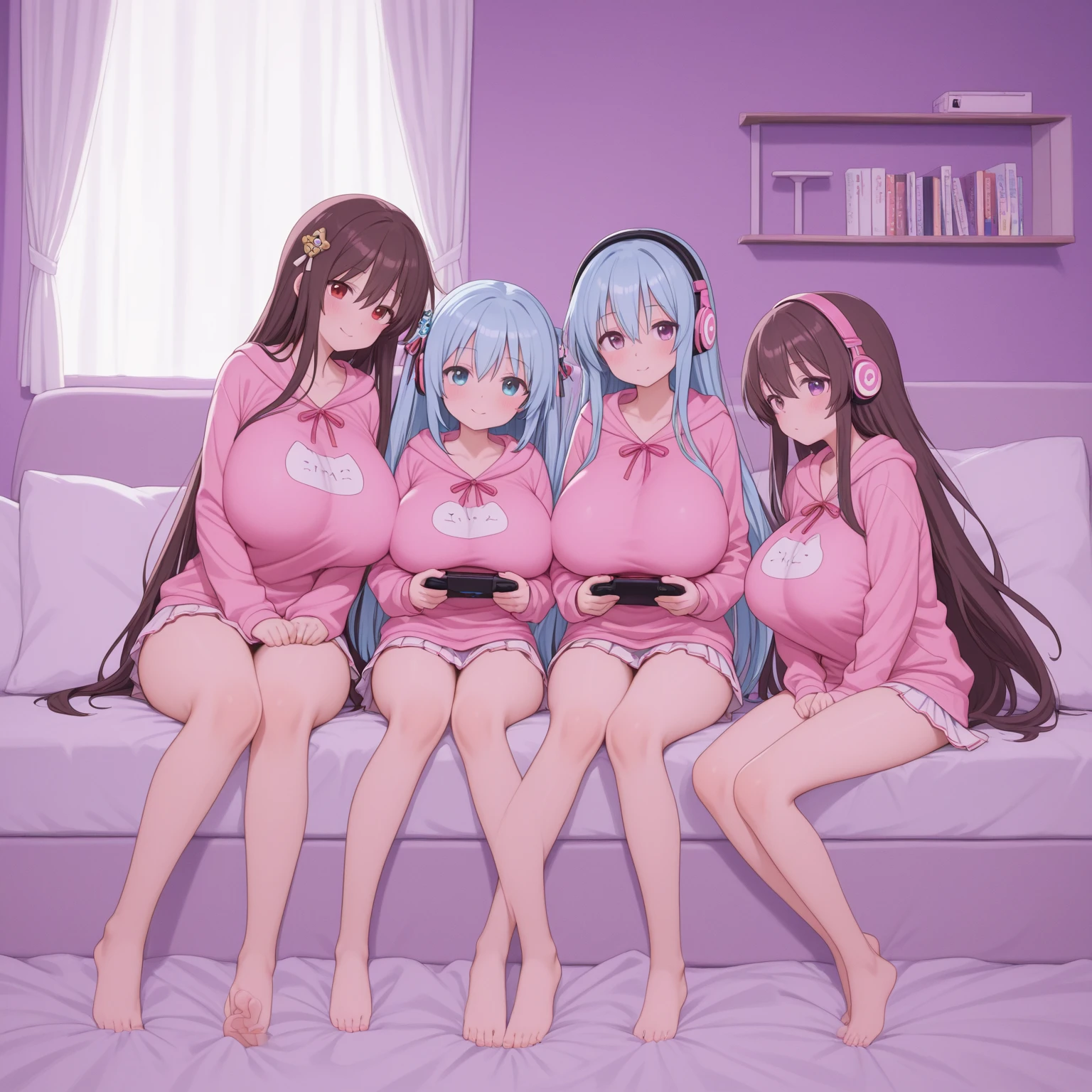 Angle from above、girls sandwich、Three girls are depicted、colorful hair、beautiful girl、highest quality、laughter、beautiful girl、masterpiece、High-definition images、sitting on the viewer&#39;s waist、The belly button is visible、Nurse Uniform、cleavage exposure、Thigh emphasis、see-through clothes、on the bed、25 years old、underwear is visible