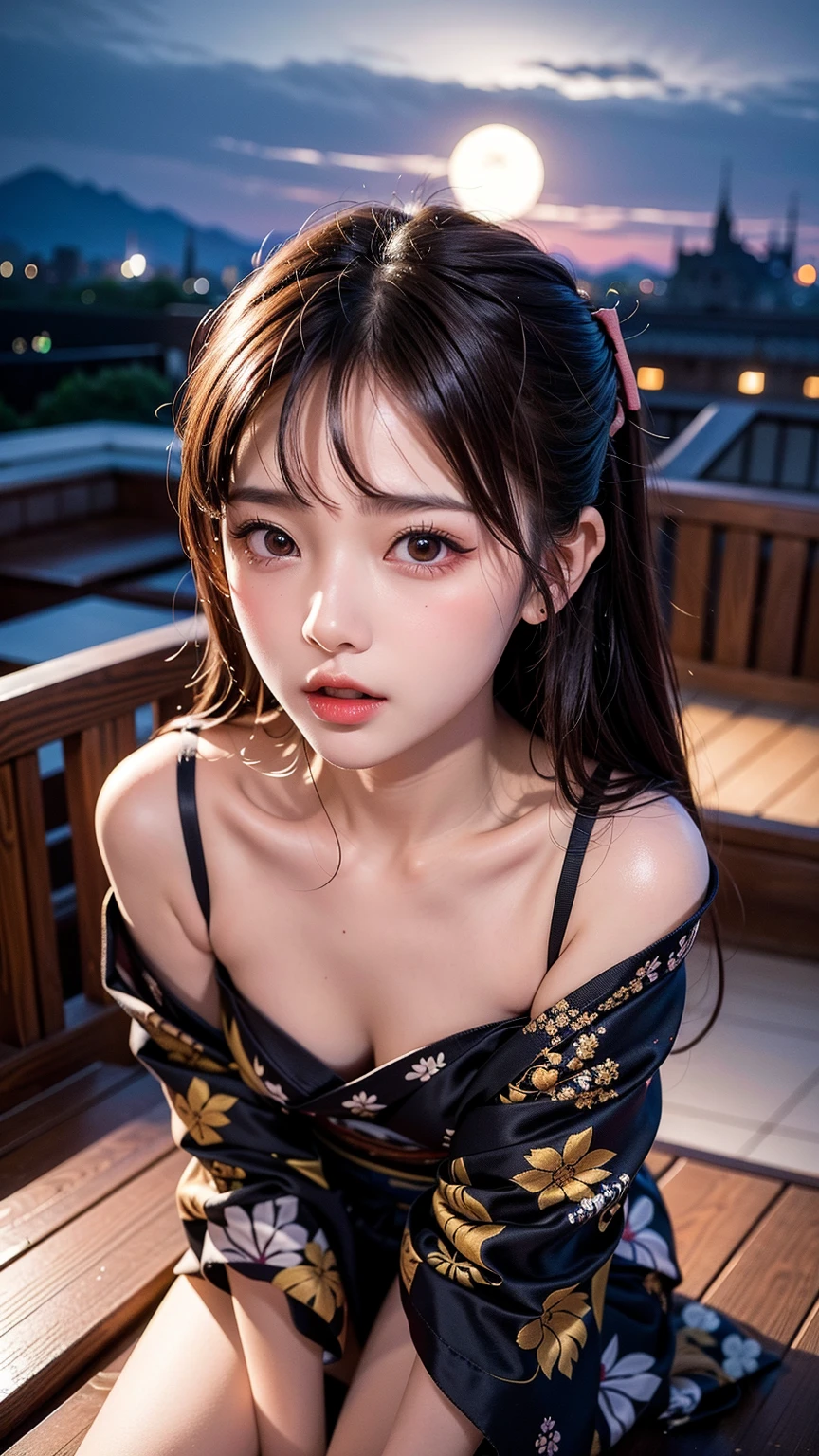 1Girl, Beautiful, Perfect Body, Perfect Breast, Very Long Hair, Pure Black Hair, Hime Cut, Ponytail, Blue Eye, Shrine Maiden Dress, Nights, Masterpiece, Front Fancing, ((Potrait:1.1))