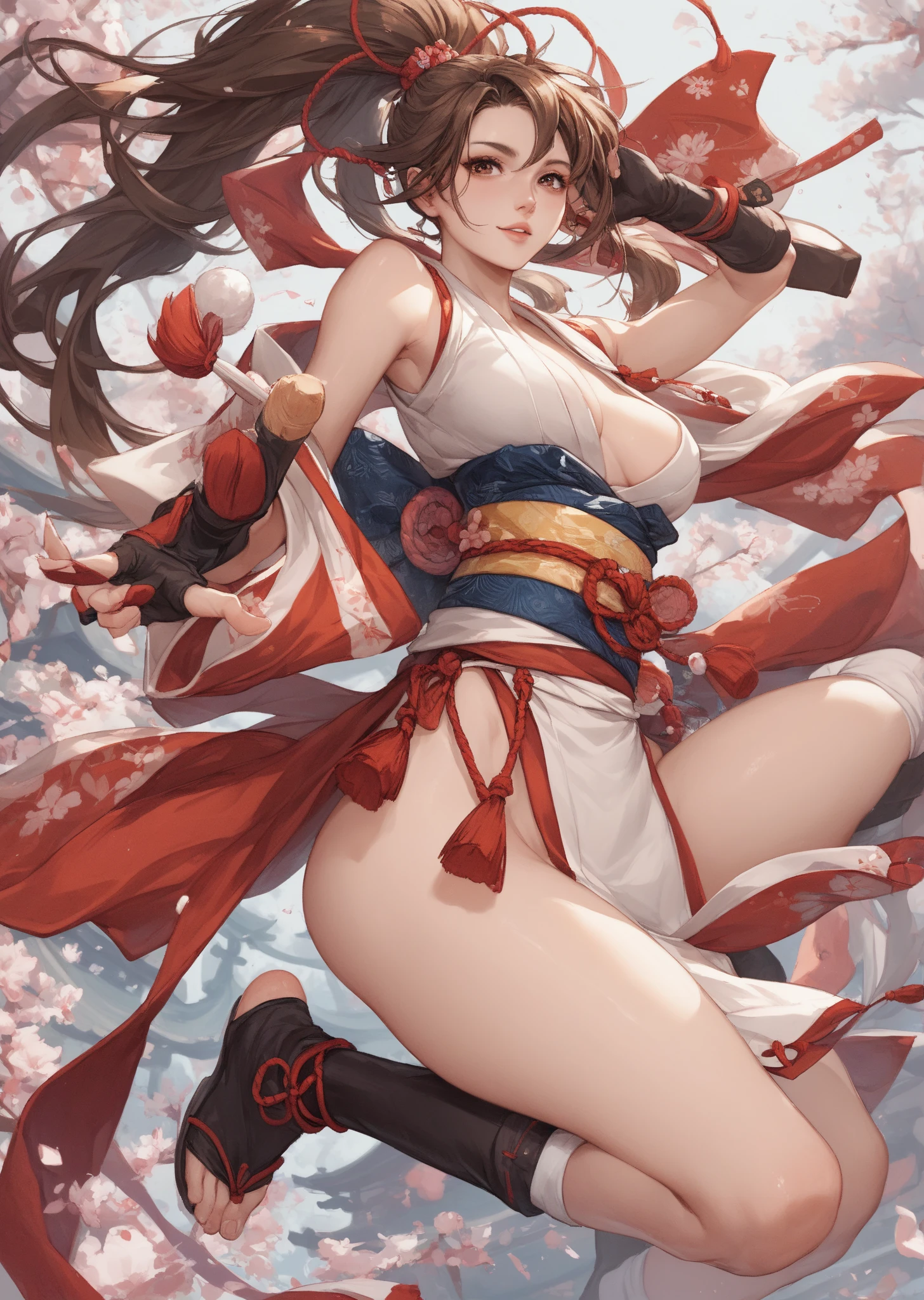 -arcana,arcana,Windranger anime style, solo, bow \(weapon\), weapon, 1girl, simple background, flower, long hair,, bug, green eyes, arrow \(projectile\), no humans, full bodyexposed belly, brown hair with red tips, short, (big boobs), (red tips)