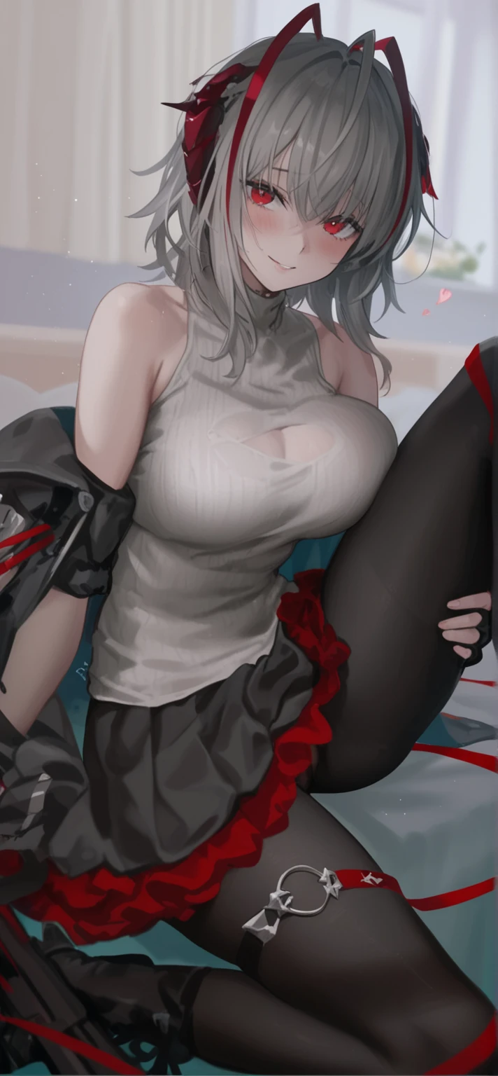 score_9, score_8_superior, score_7_superior, score_6_superior,a cartoon character with huge in underwear and panties lying on a bed, 1girl, breasts, solo, @ @, red nails, virtual youtuber, long hair, navel, red eyes, thighhighs, grey hair, large breasts, sakamata chloe, underboob, black hair, side-tie panties, looking at viewer, streaked hair, white background, panties, white panties, multicolored hair, detached sleeves, hair ornament, simple background, blush, underwear, braid, sweater, x hair ornament, turtleneck