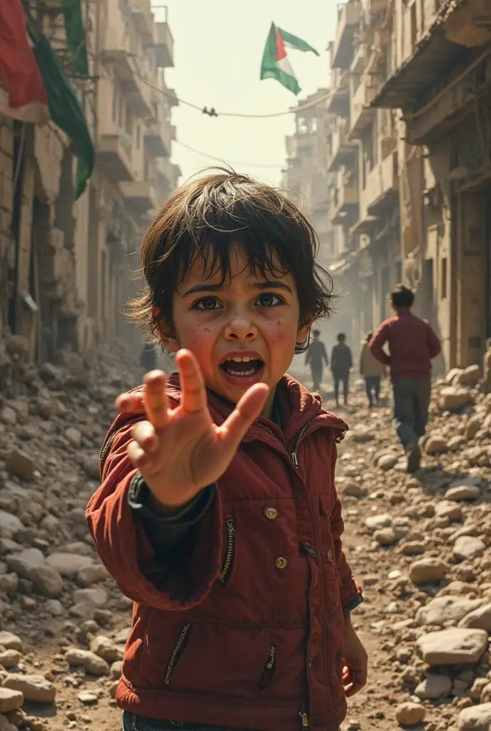 The child is seen hiding behind debris, looking frightened but safe for the moment.