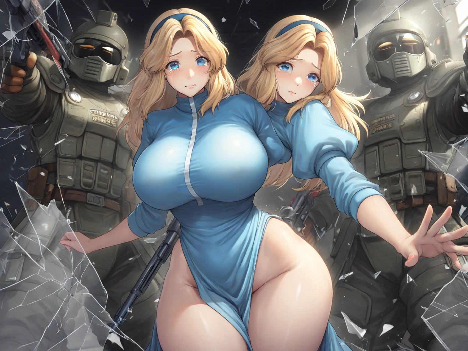 Vault-girl, vault 111 jumpsuit, 1girl, bursting breasts, breast expansion, large breasts, crossed arms, vibrant blue eyes, blushing, long blonde hair, hips expansion, ass expansion,